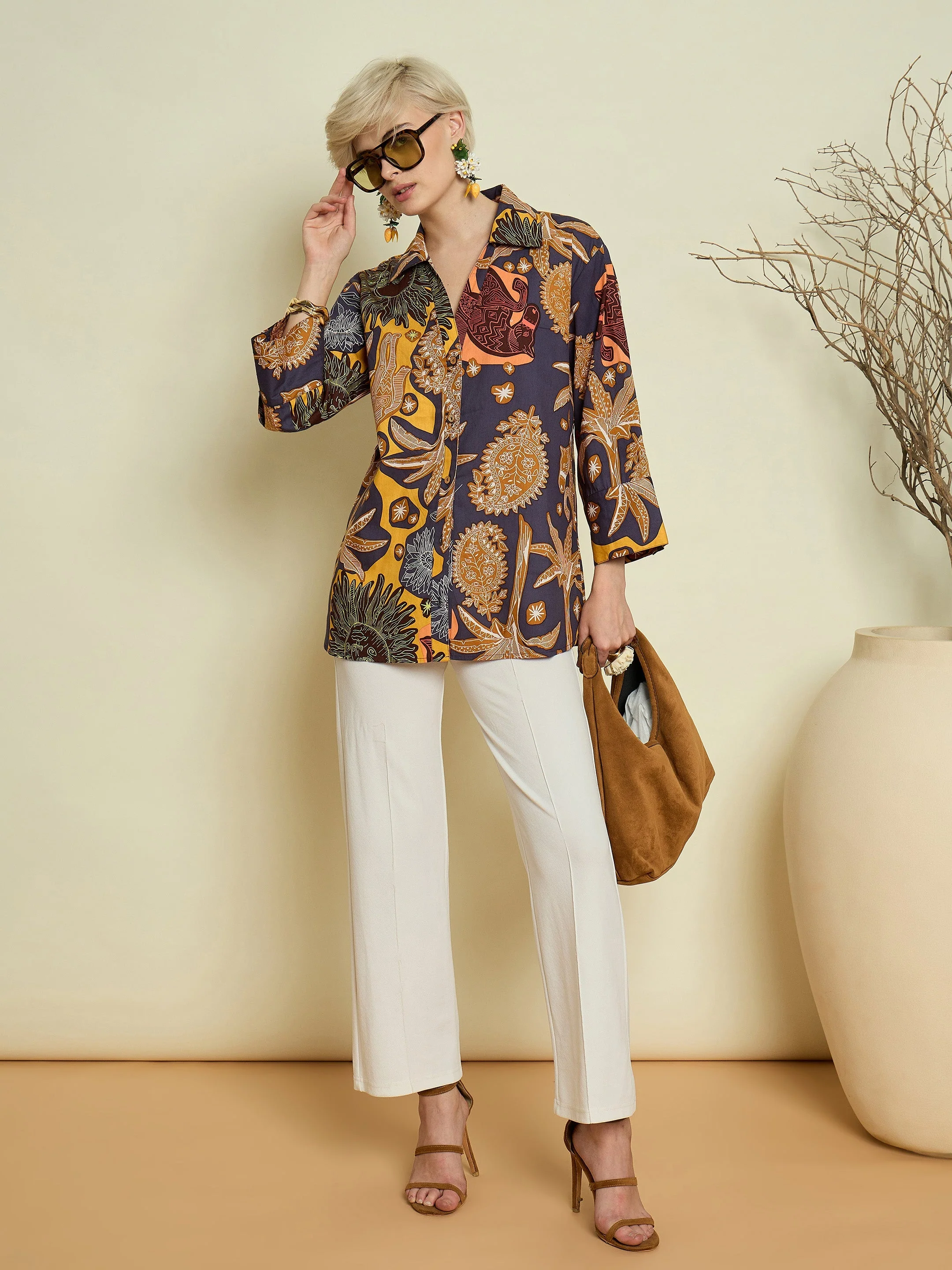 Women Grey Boho Printeded Bell Sleeves Regular Shirt - Image 5