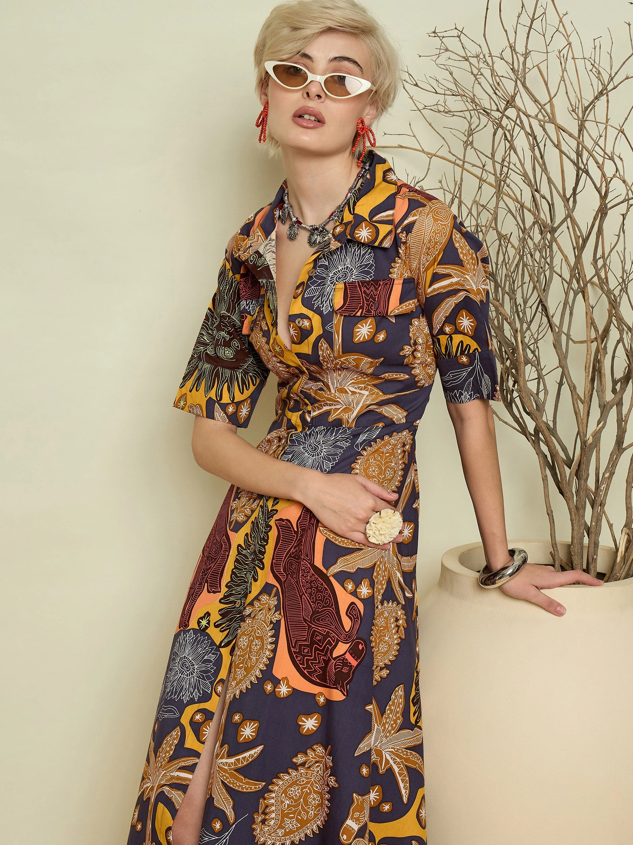 Women Grey Boho Printed Button Placket A Line Midi Dress - Image 3