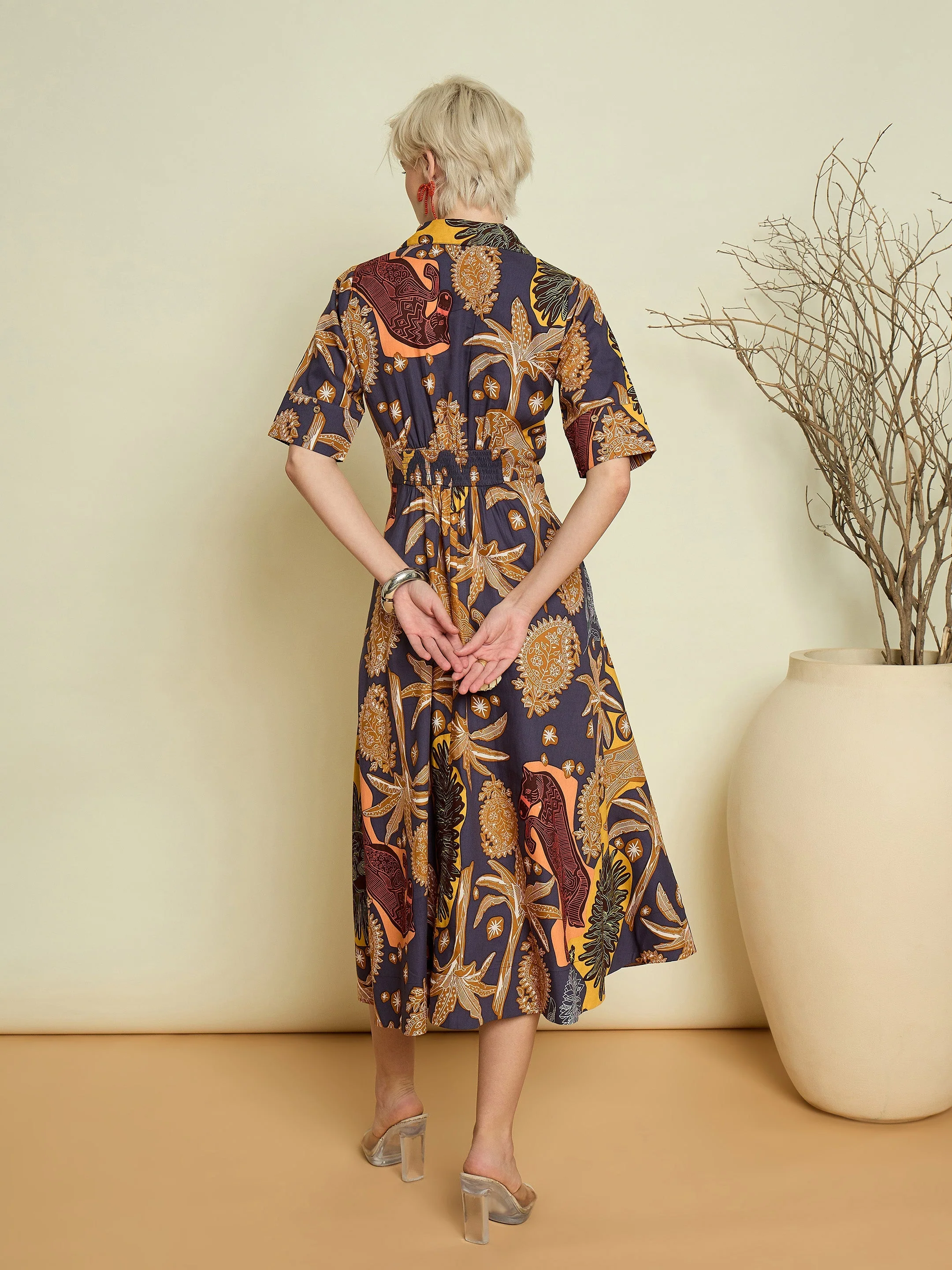 Women Grey Boho Printed Button Placket A Line Midi Dress - Image 4