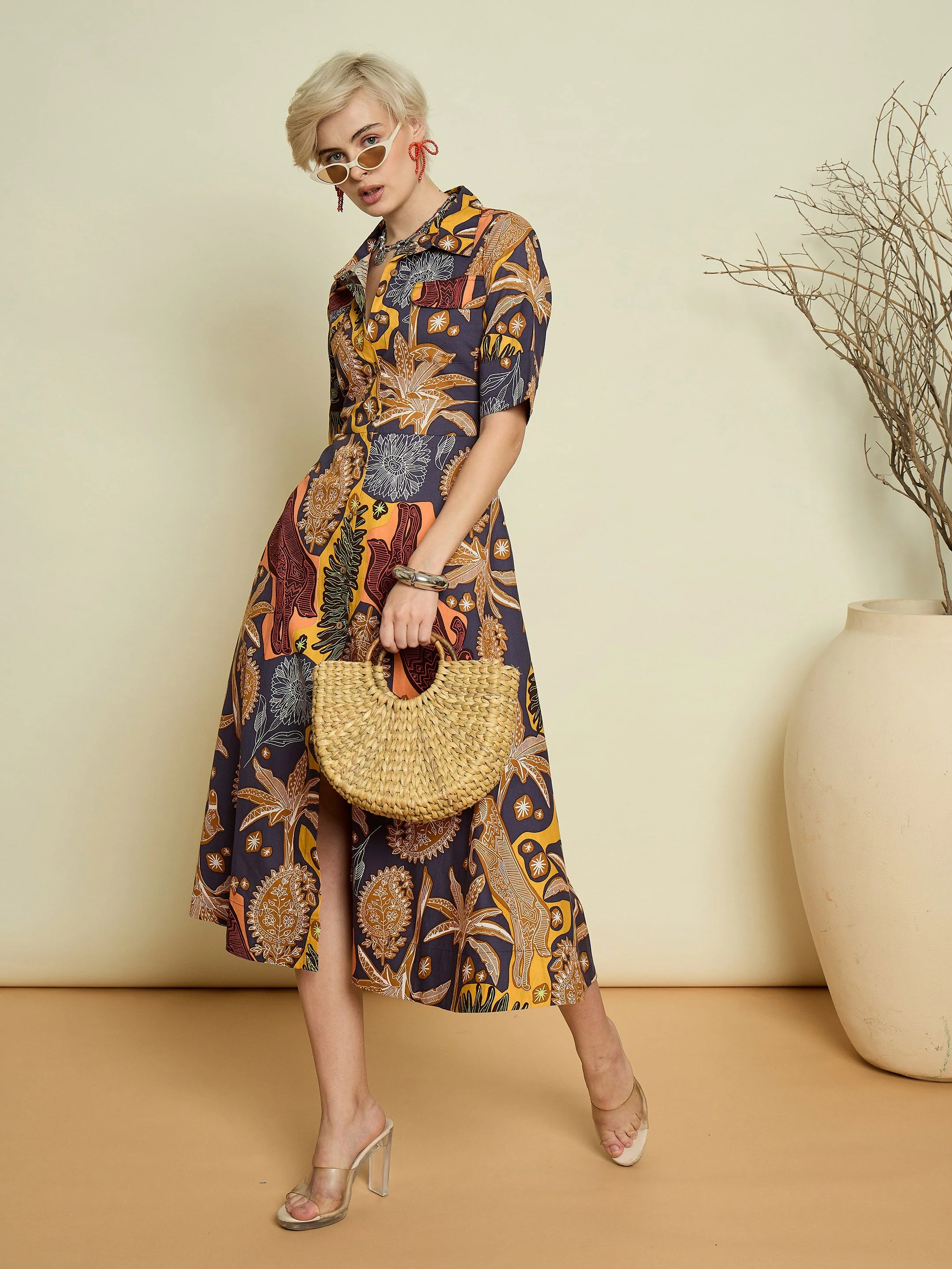 Women Grey Boho Printed Button Placket A Line Midi Dress - Image 5