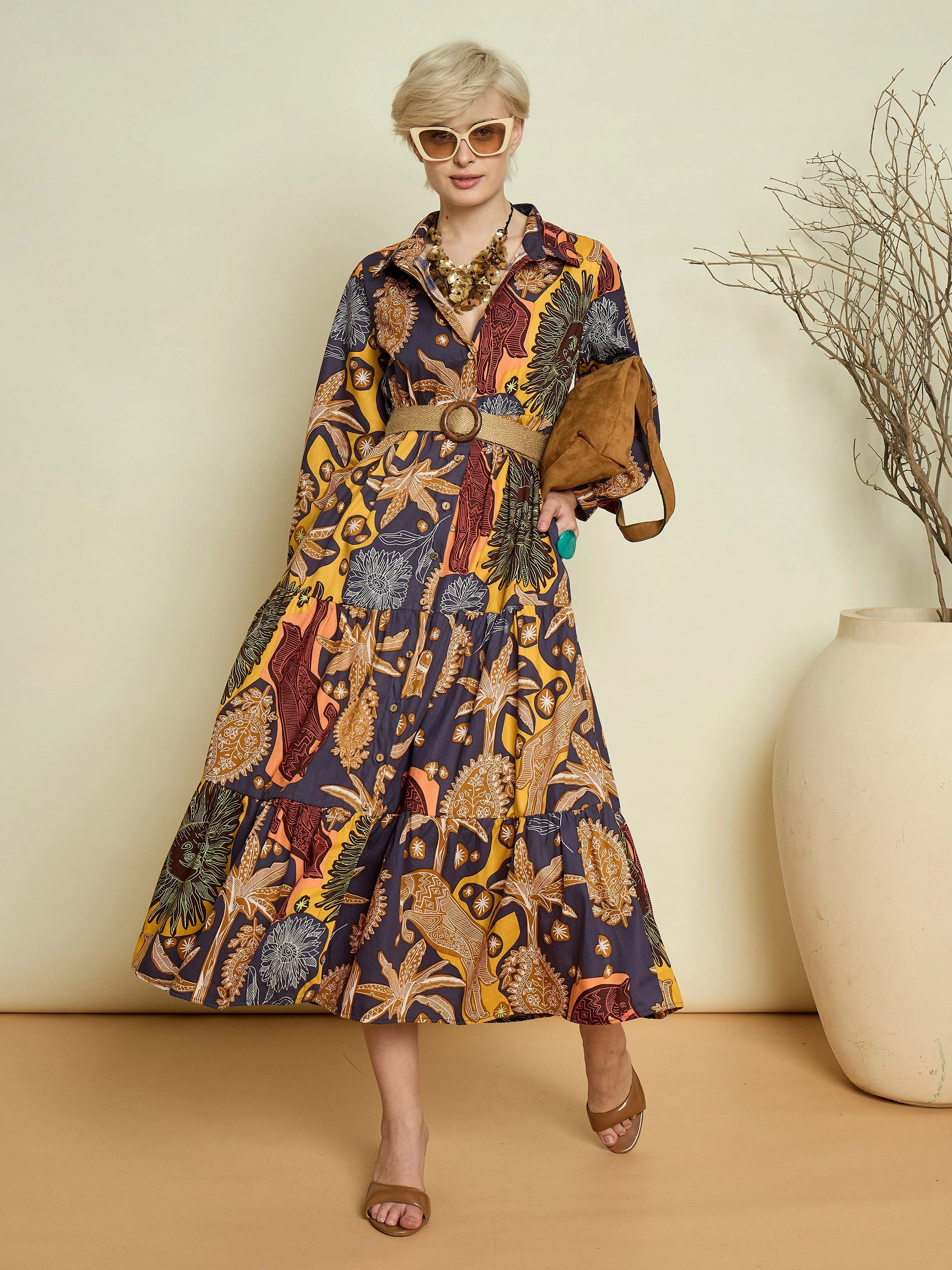 Women Grey Boho Printeded Button Placket Tiered Maxi Dress