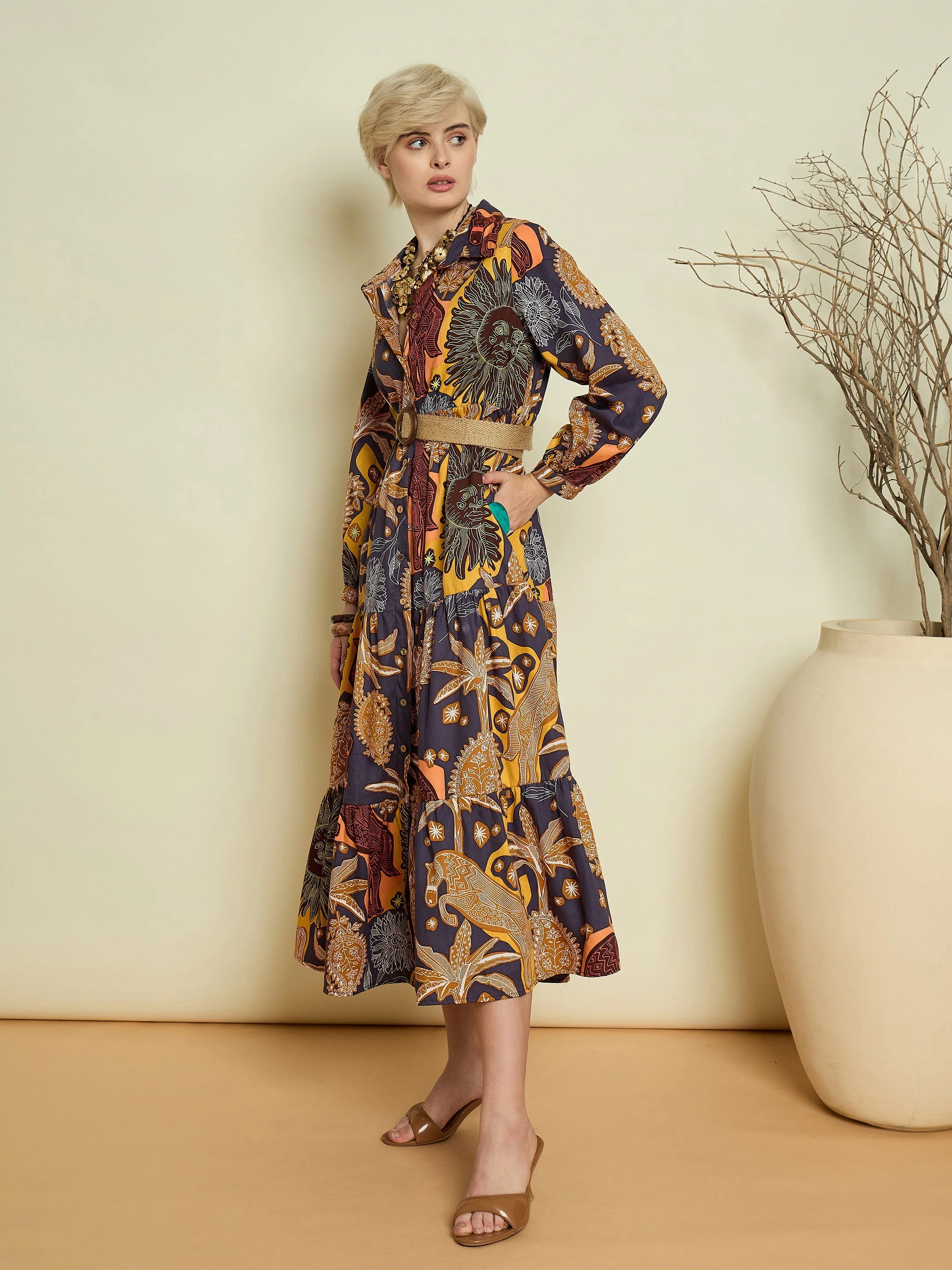 Women Grey Boho Printeded Button Placket Tiered Maxi Dress - Image 5