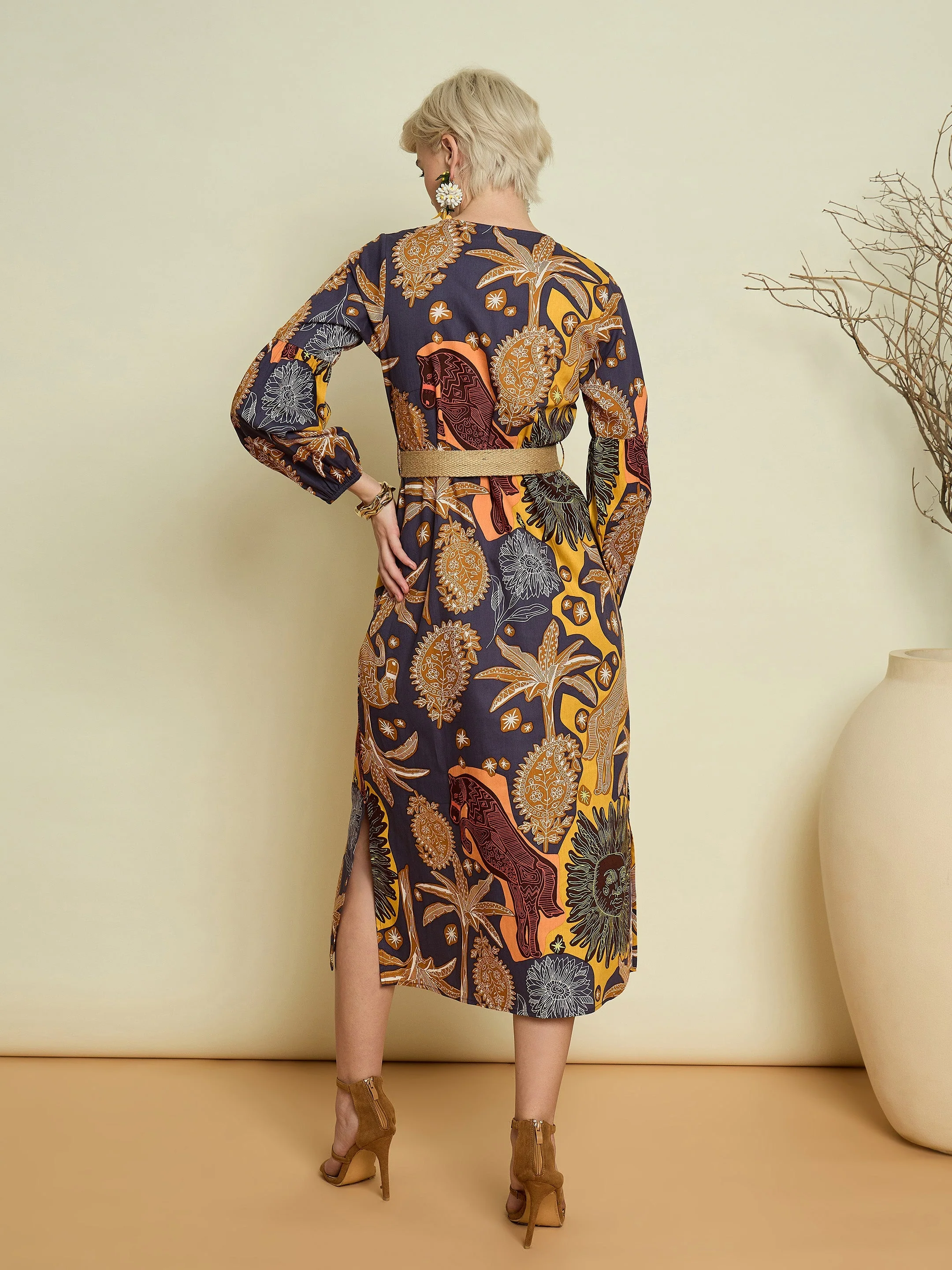 Women Grey Boho Printed Side Slit Midi Dress - Image 2
