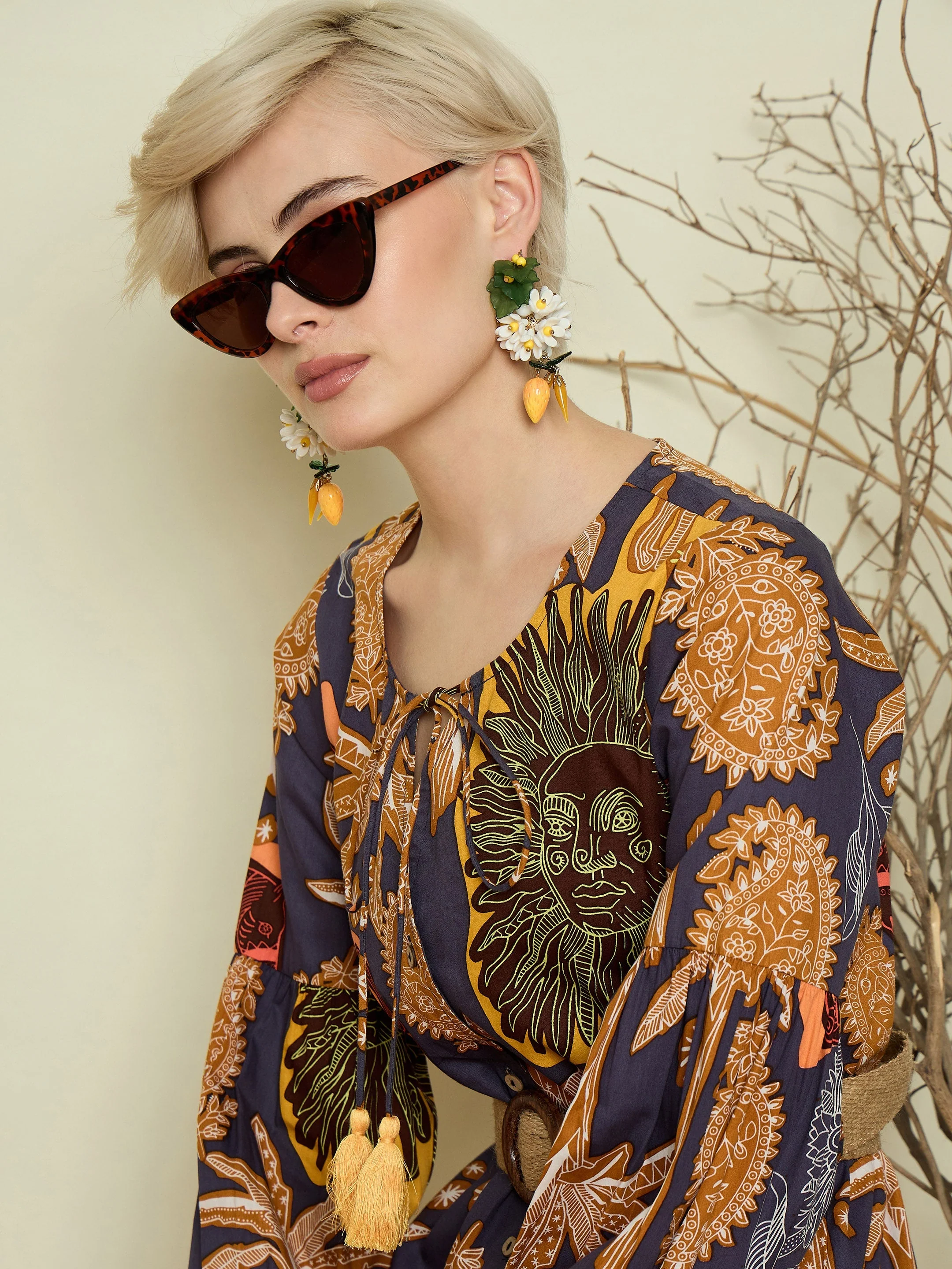 Women Grey Boho Printed Side Slit Midi Dress - Image 3