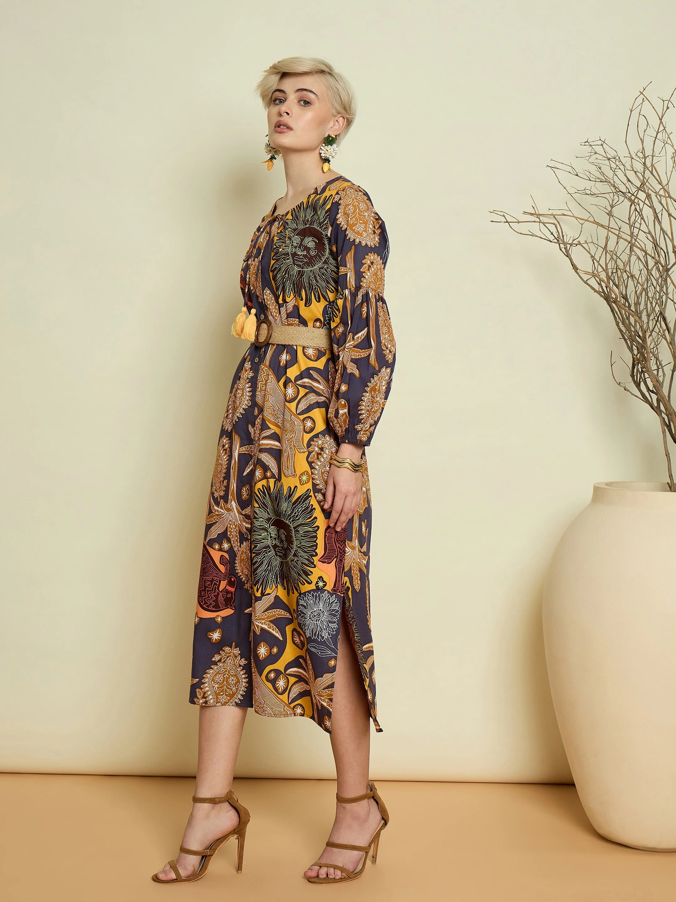Women Grey Boho Printed Side Slit Midi Dress - Image 5