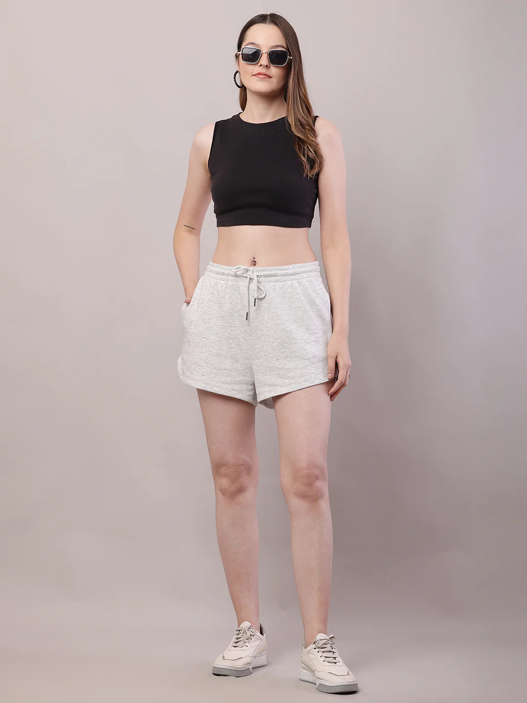 Women grey cotton drawstring waist shorts - Image 2