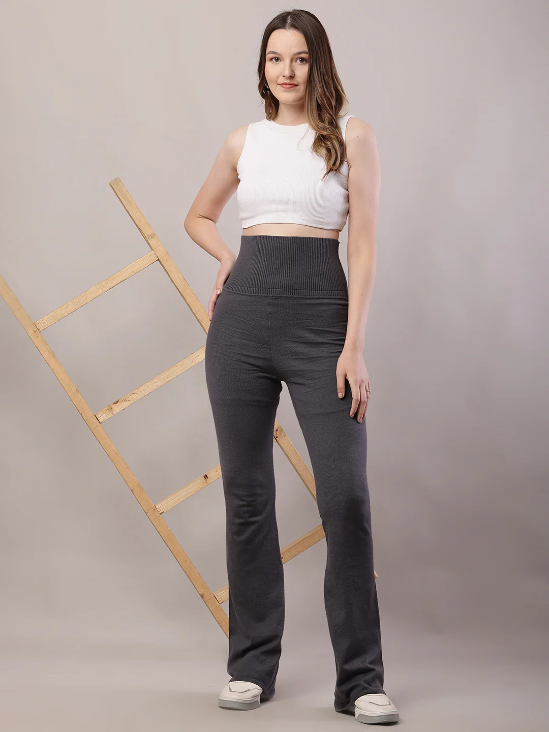 Women Grey Cotton High-Waisted Trouser - Image 3