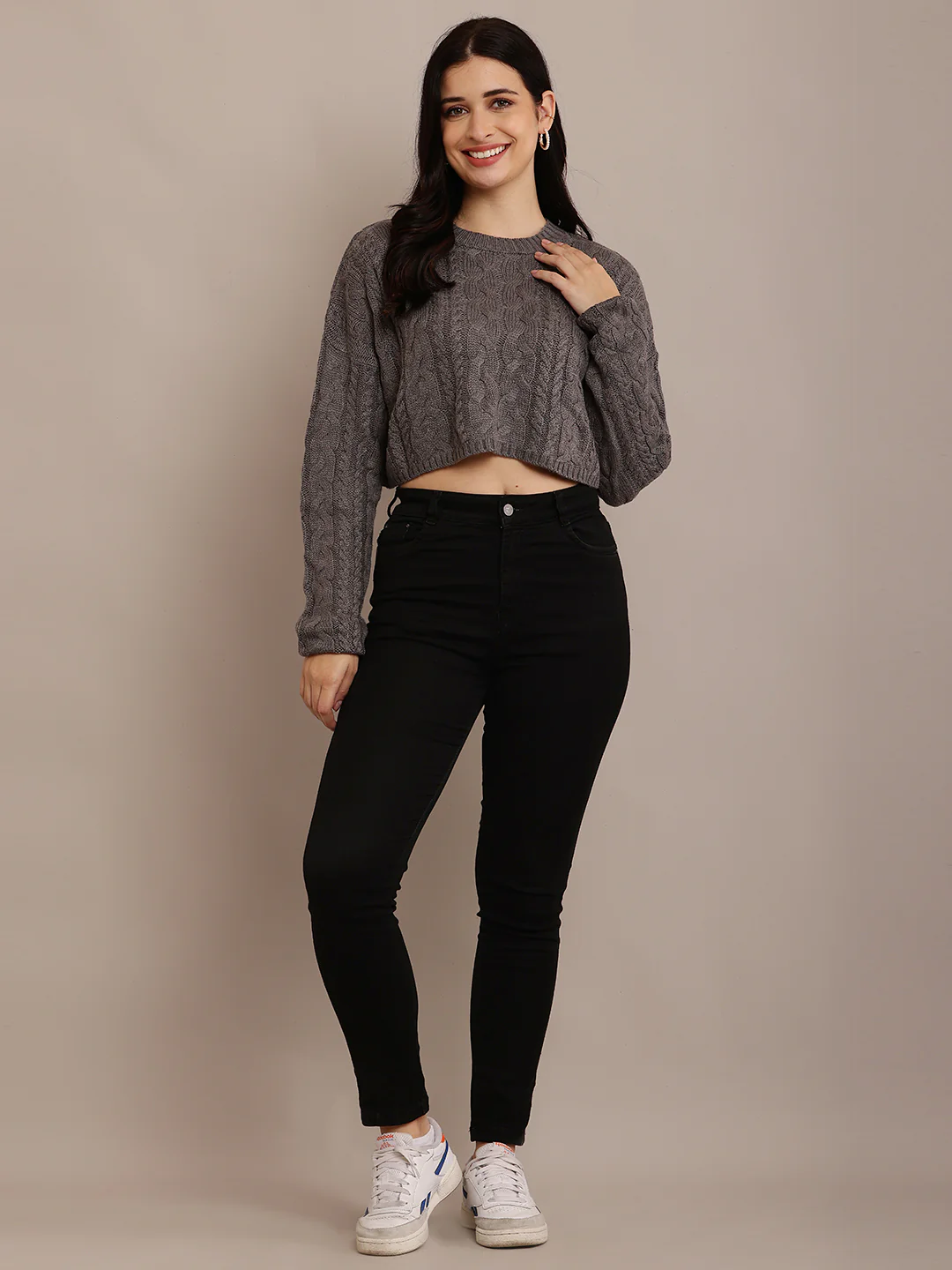 Women Grey Crop Sweater - Image 3