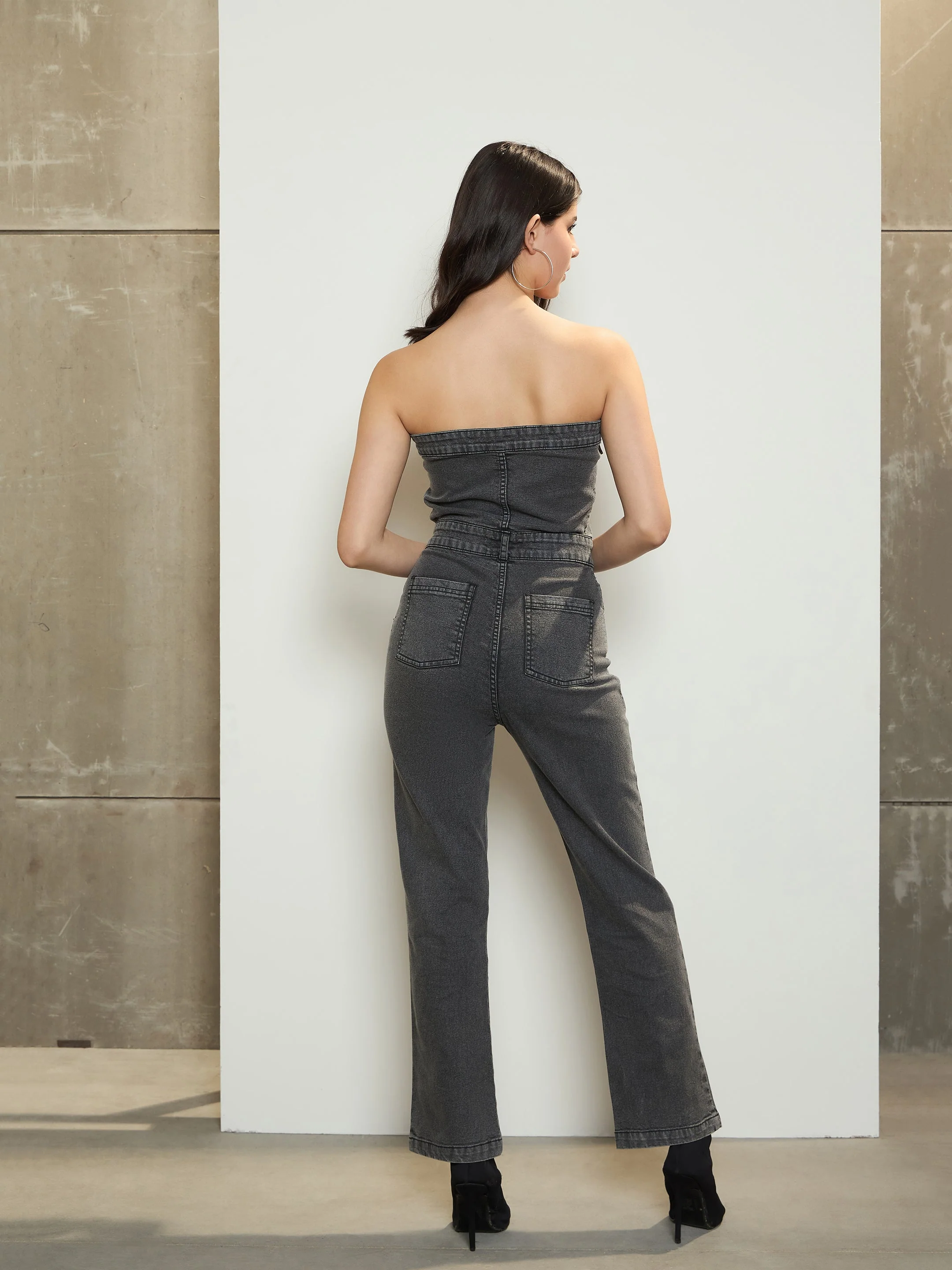 Women Grey Denim Off-Shoulder Flap Jumpsuit - Image 5