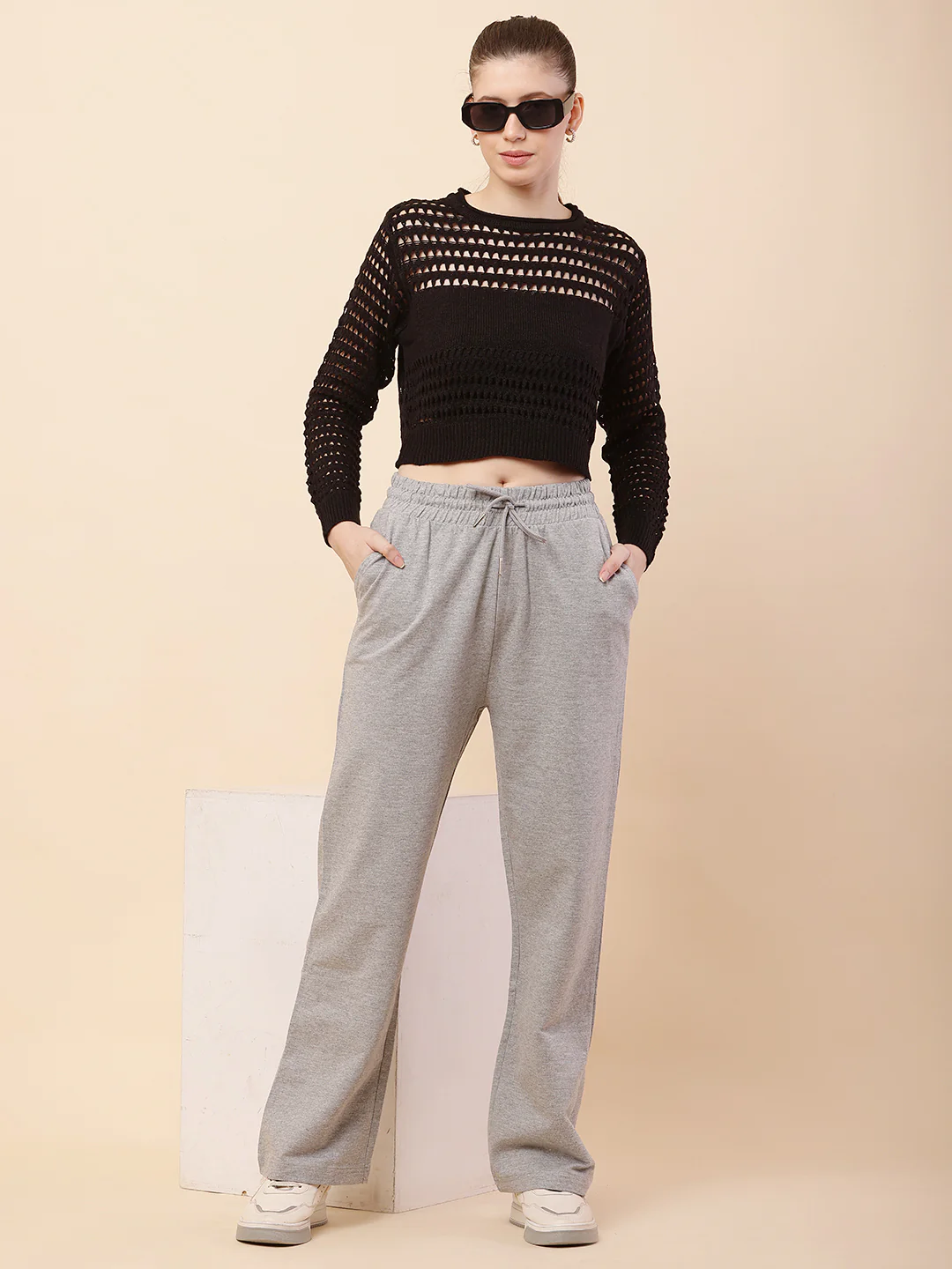 Women Grey Drawstring Cotton Trouser - Image 2