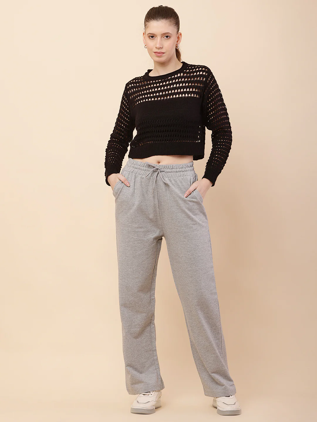 Women Grey Drawstring Cotton Trouser - Image 3
