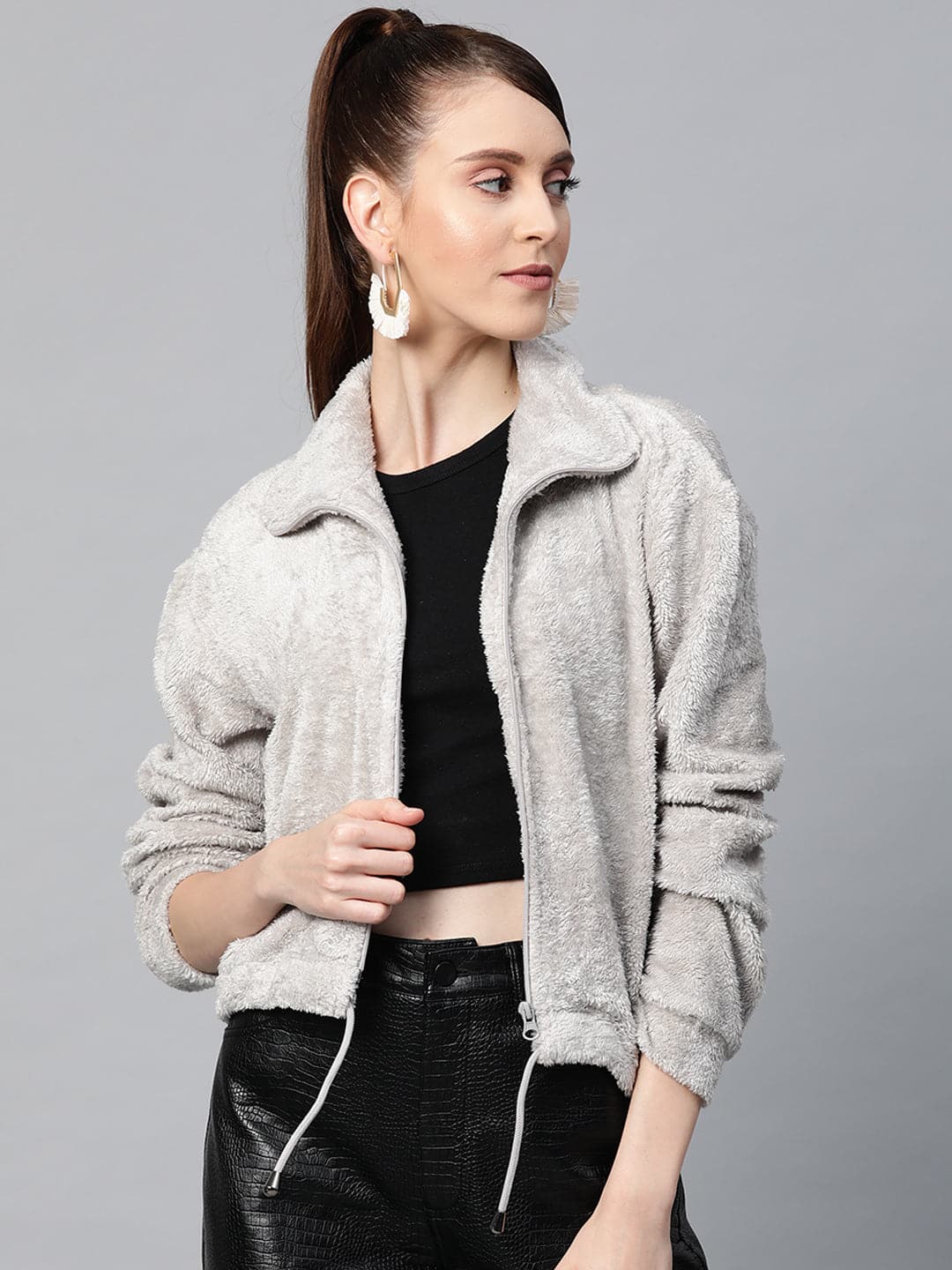 Women Grey Drawstring Faux Fur Jacket