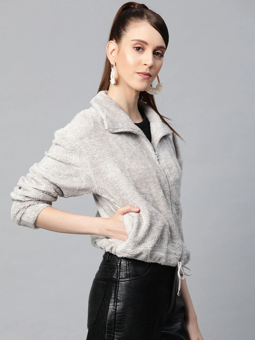 Women Grey Drawstring Faux Fur Jacket - Image 2
