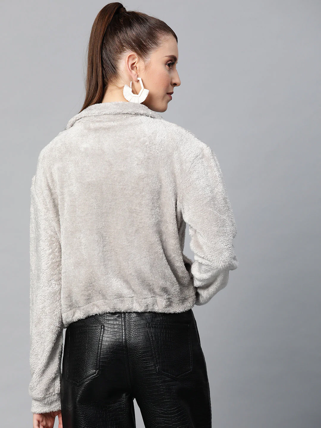 Women Grey Drawstring Faux Fur Jacket - Image 3