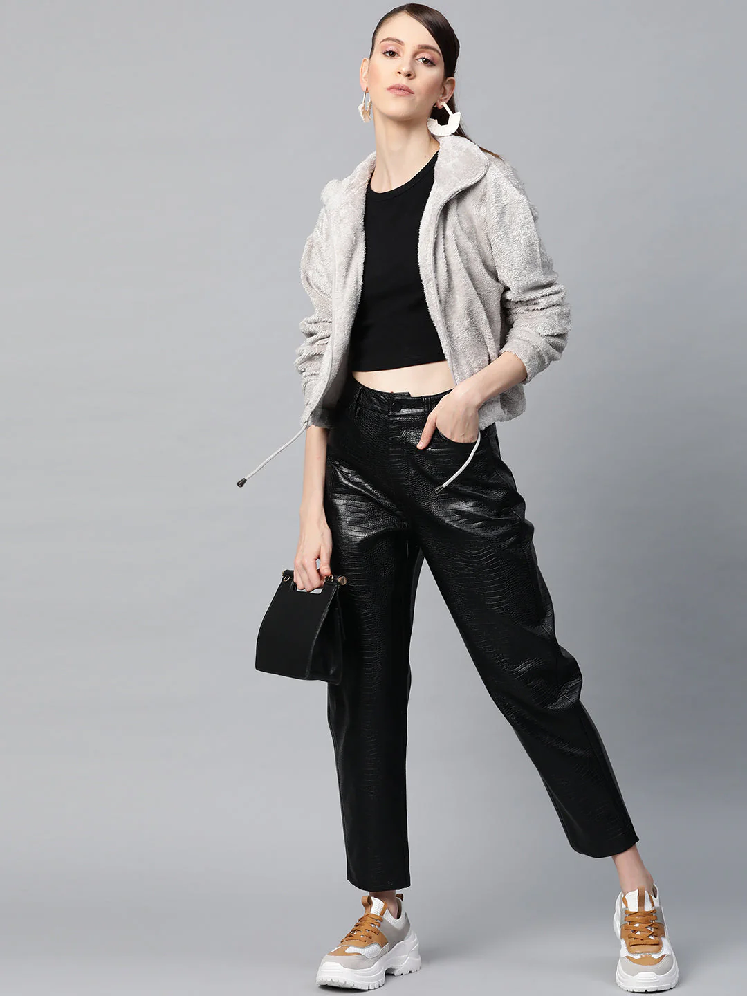 Women Grey Drawstring Faux Fur Jacket - Image 4