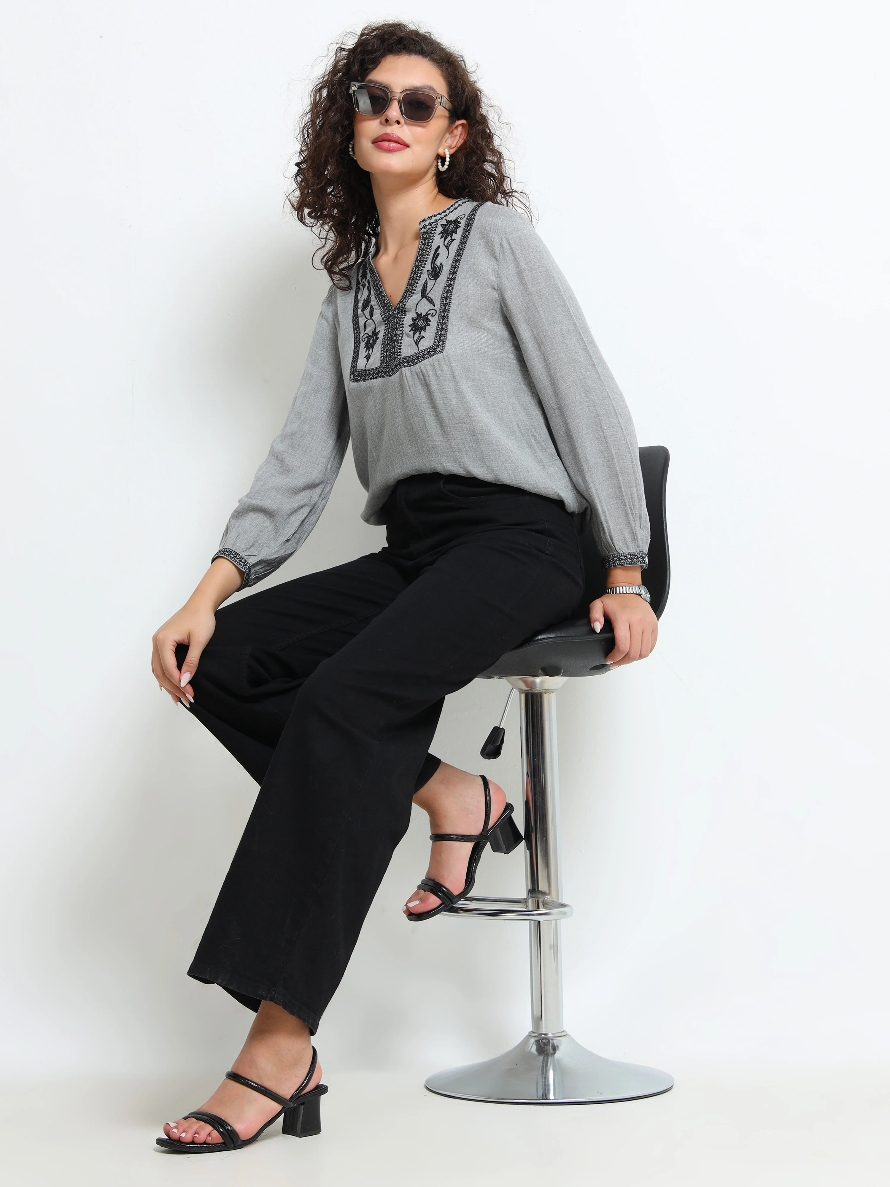 Women Grey Embroidered Yoke Top - Image 2