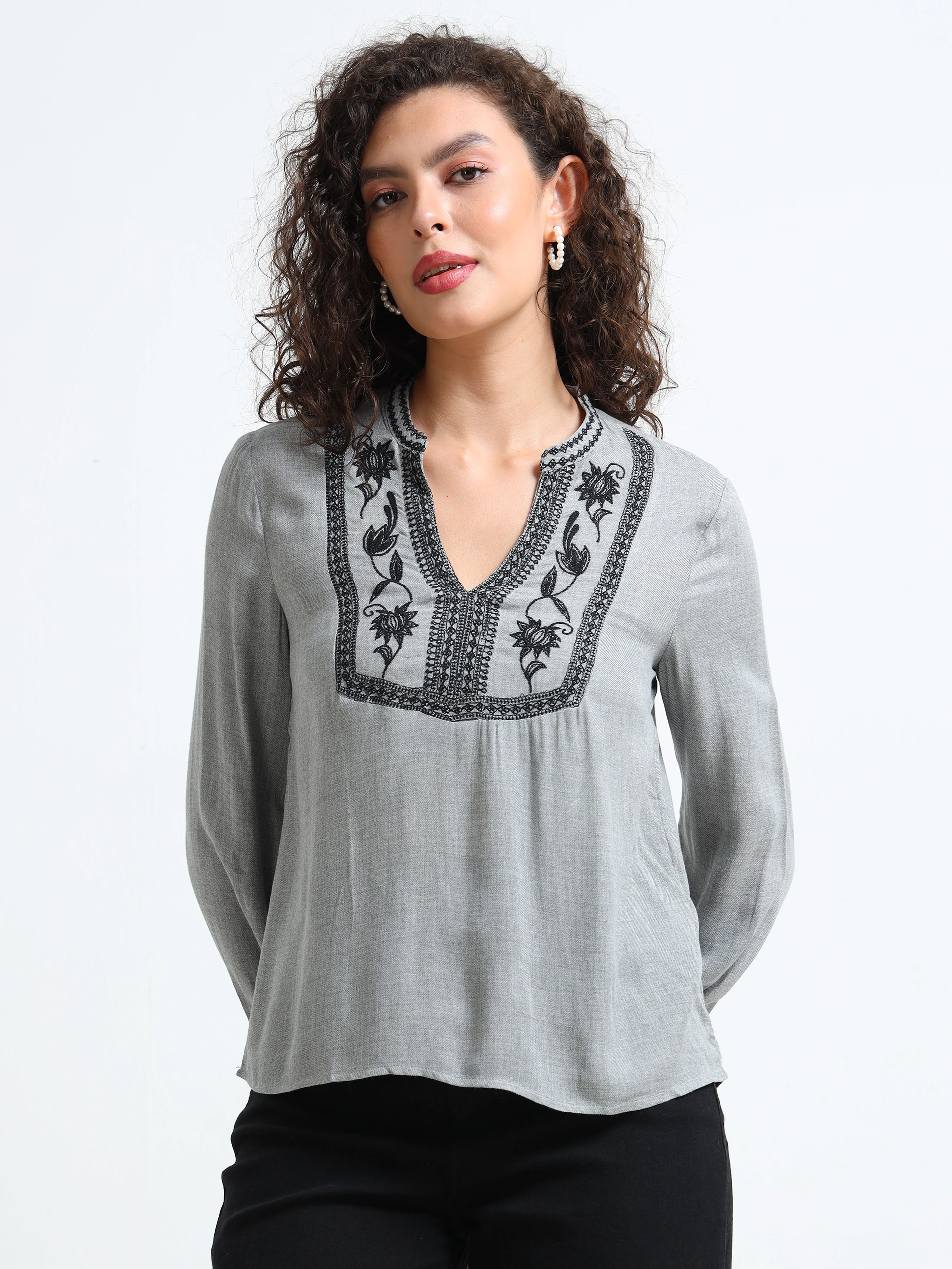 Women Grey Embroidered Yoke Top - Image 3
