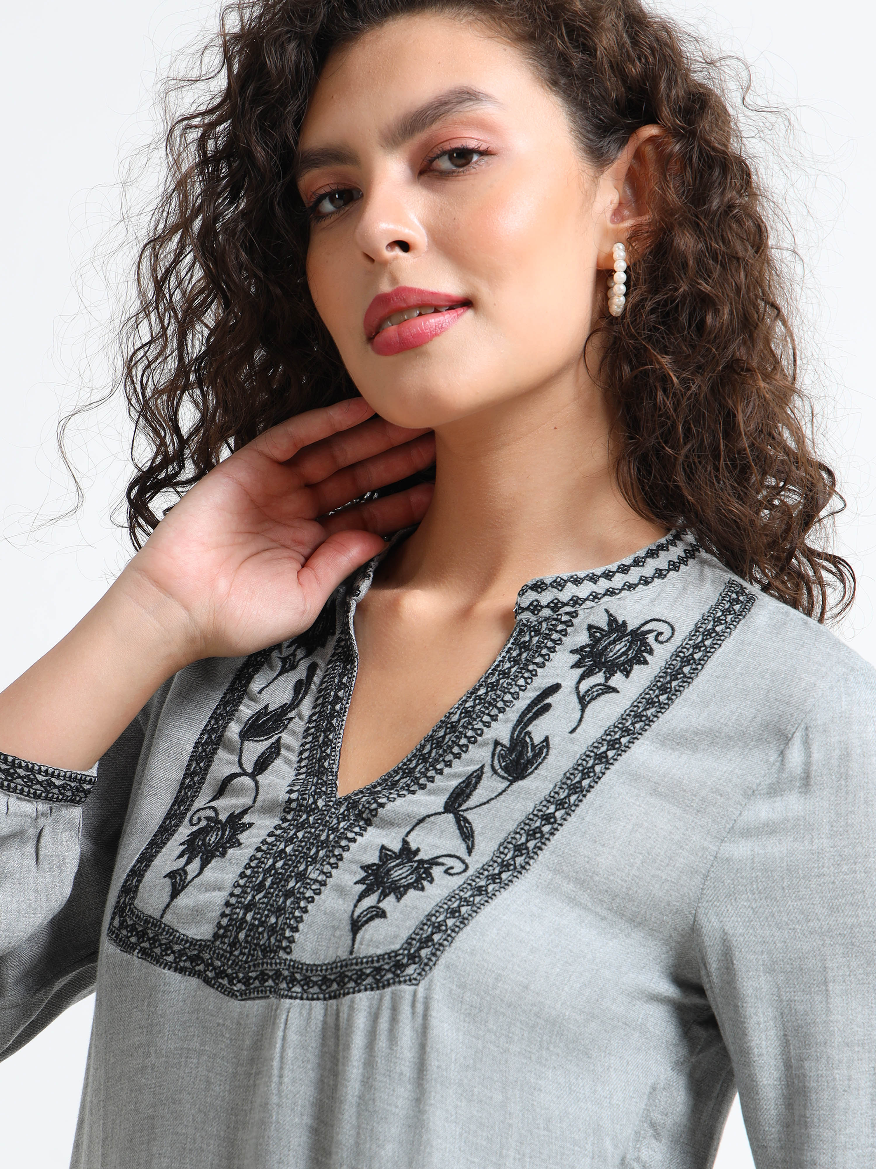 Women Grey Embroidered Yoke Top - Image 4