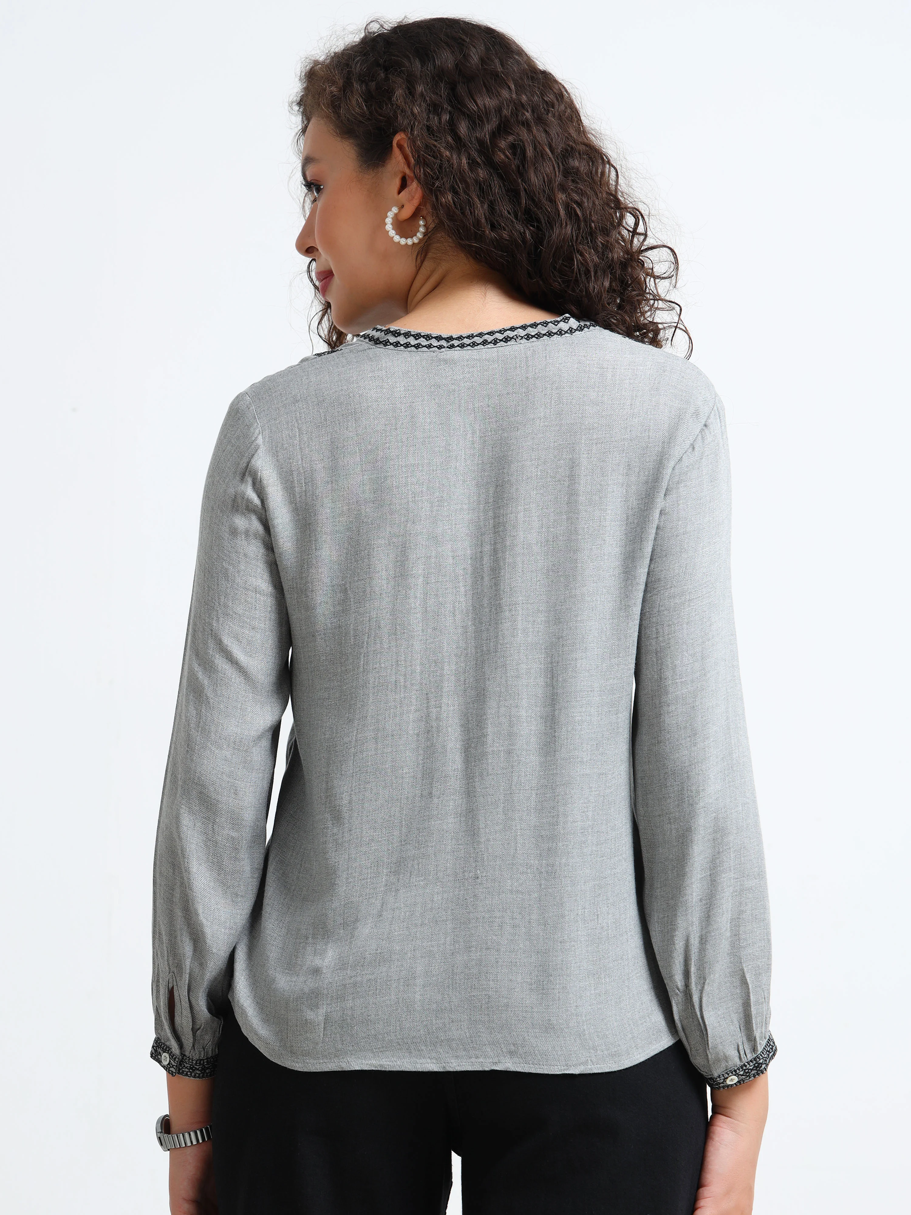 Women Grey Embroidered Yoke Top - Image 5