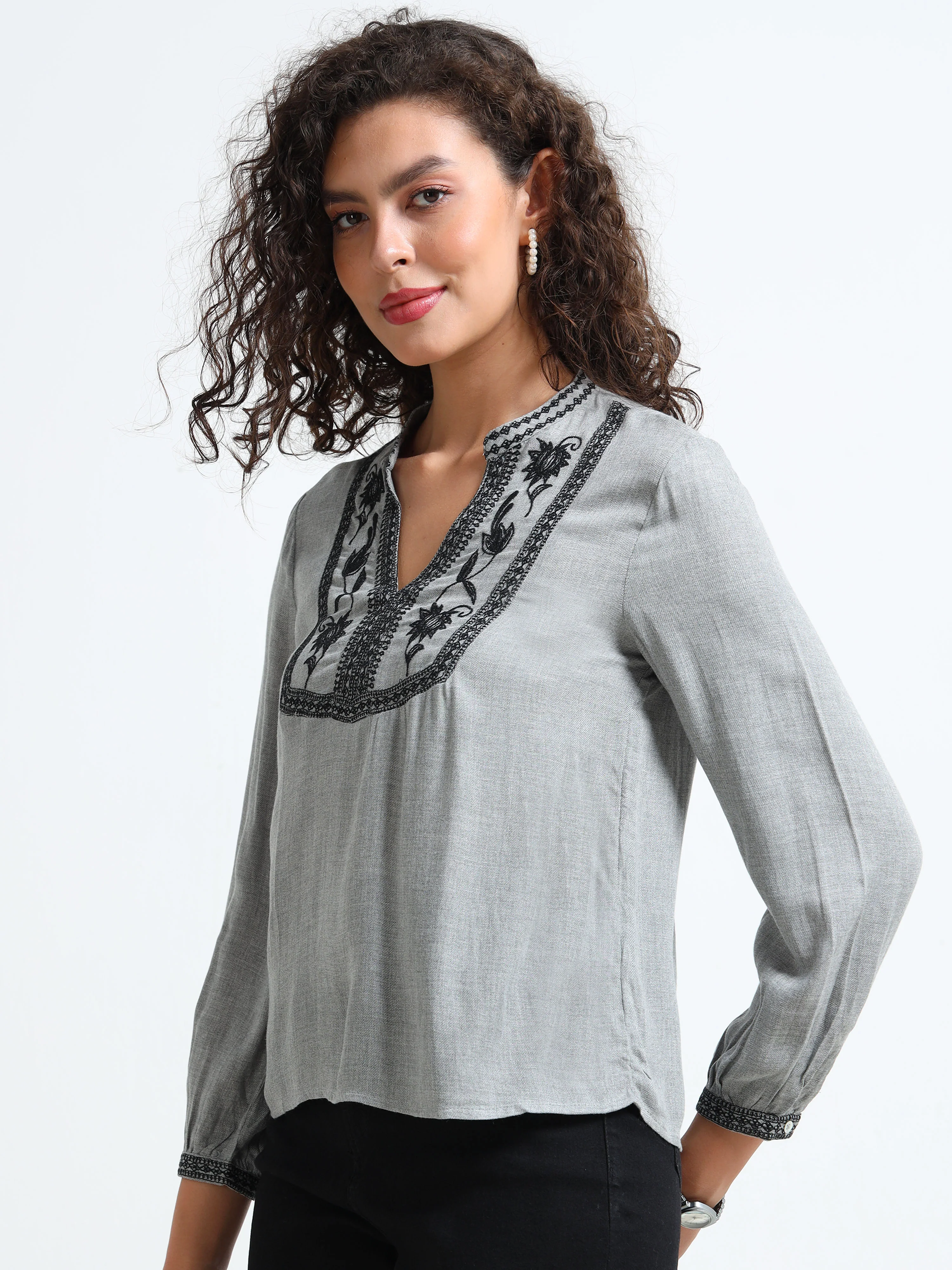 Women Grey Embroidered Yoke Top - Image 6