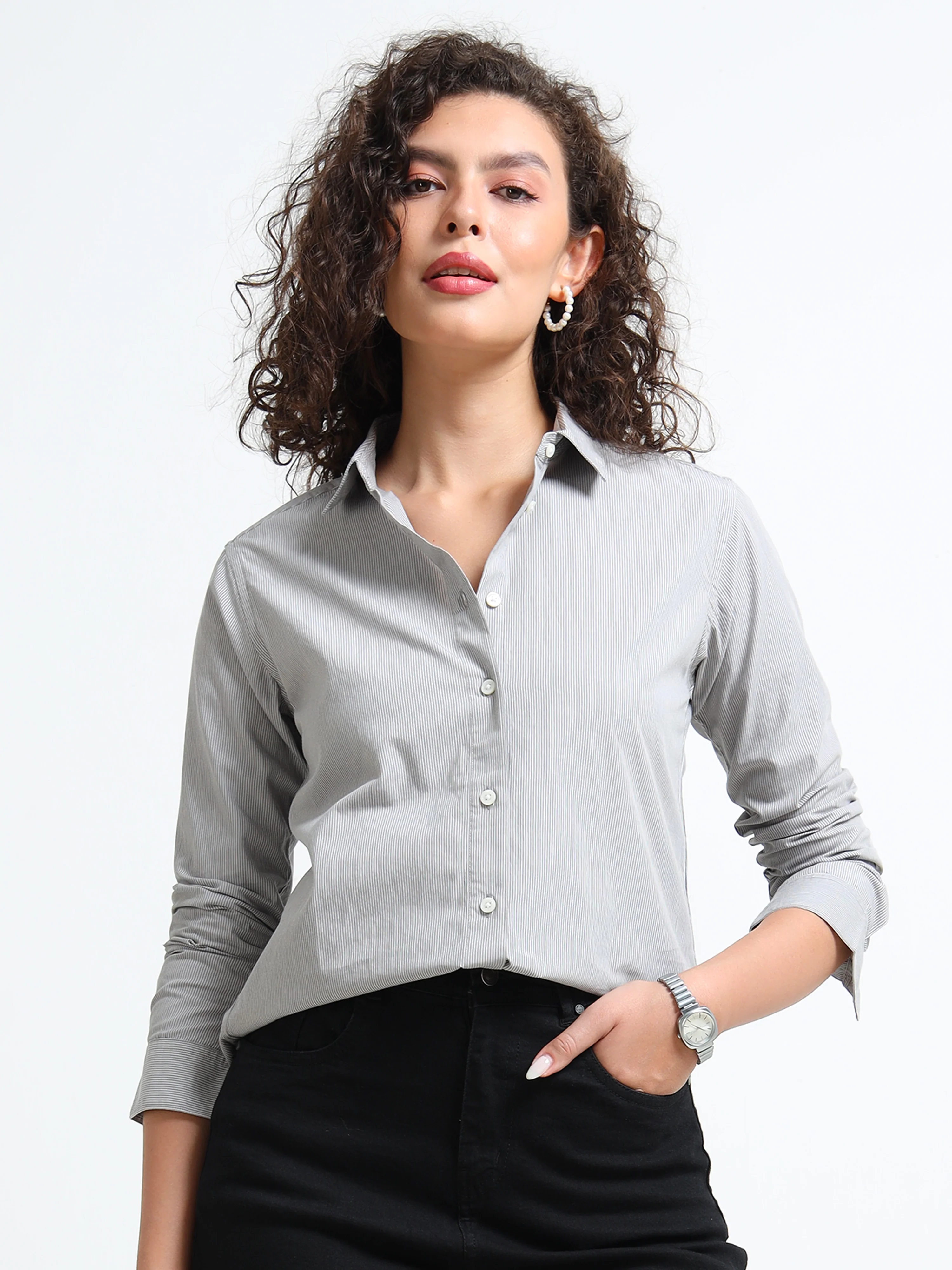 Women Grey Fine Stripe Shirt - Image 2