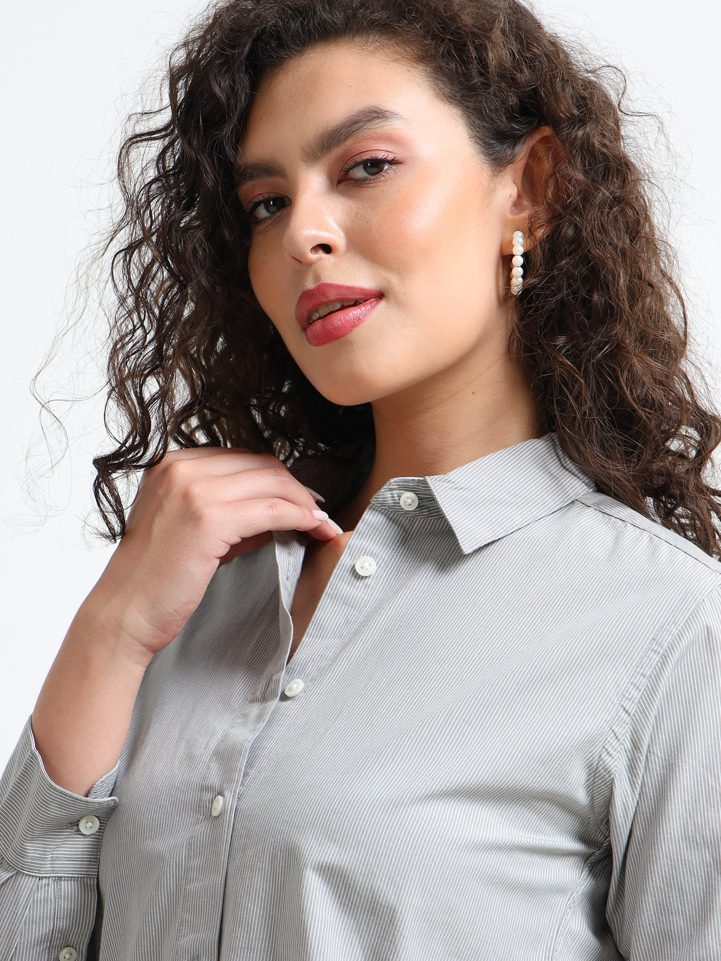 Women Grey Fine Stripe Shirt - Image 3