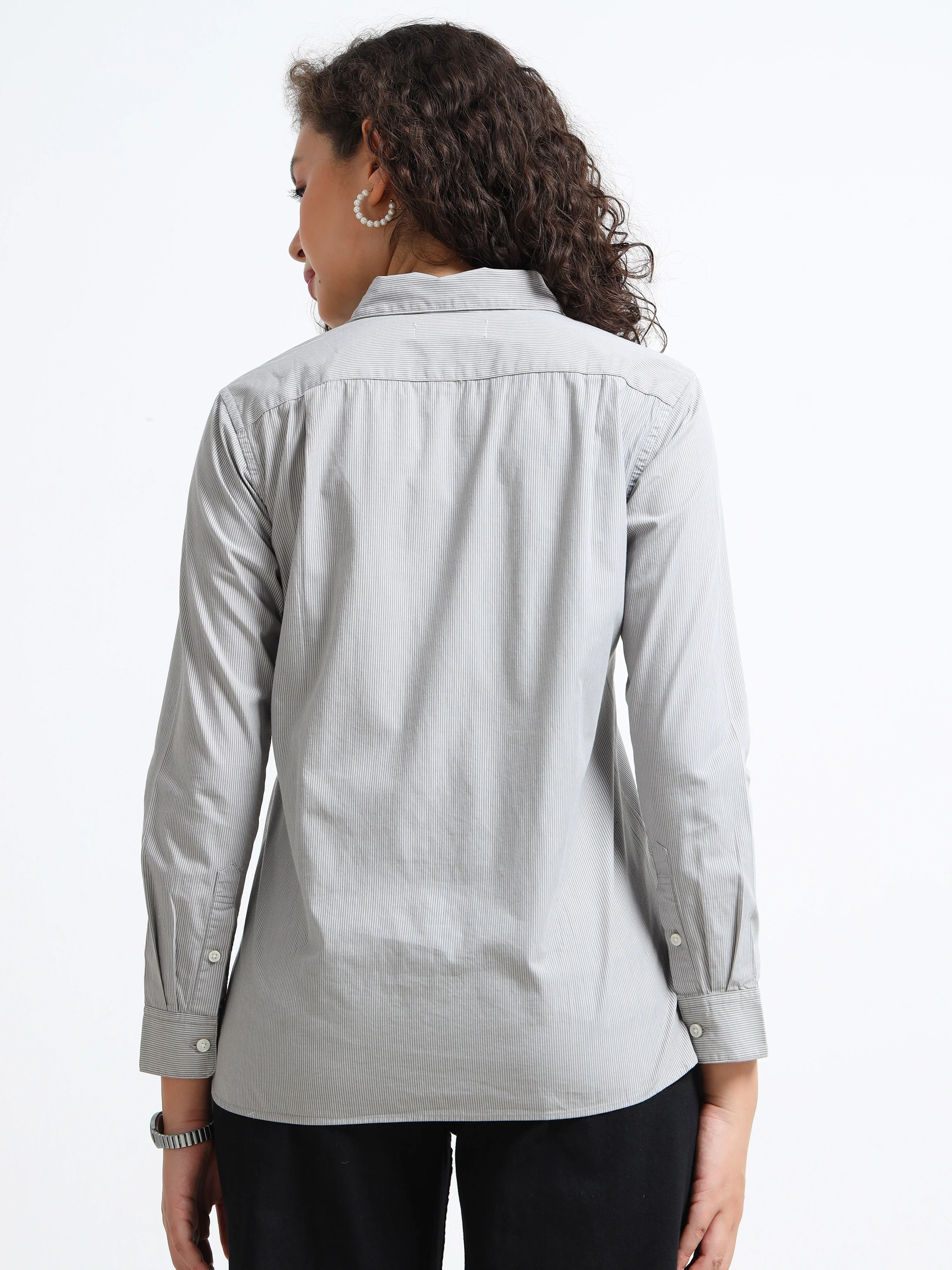 Women Grey Fine Stripe Shirt - Image 4