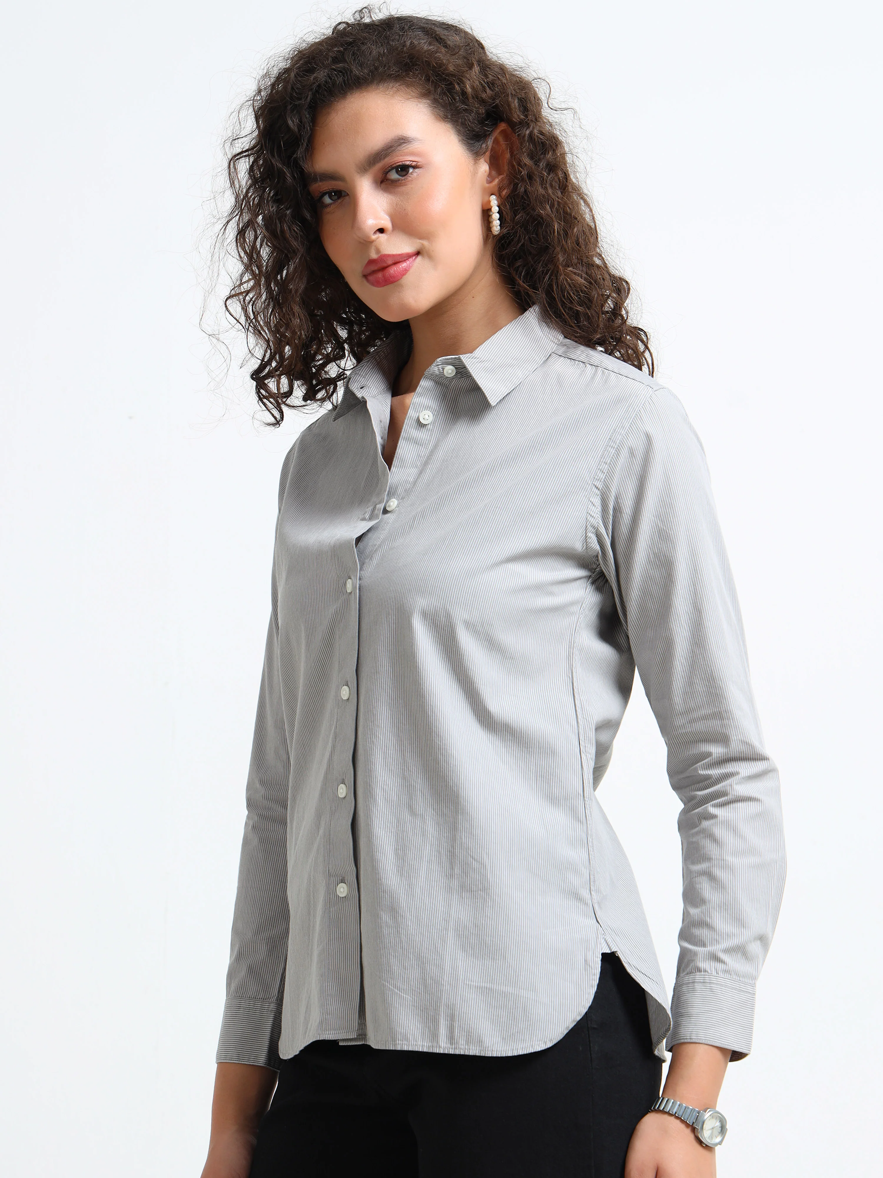 Women Grey Fine Stripe Shirt - Image 5