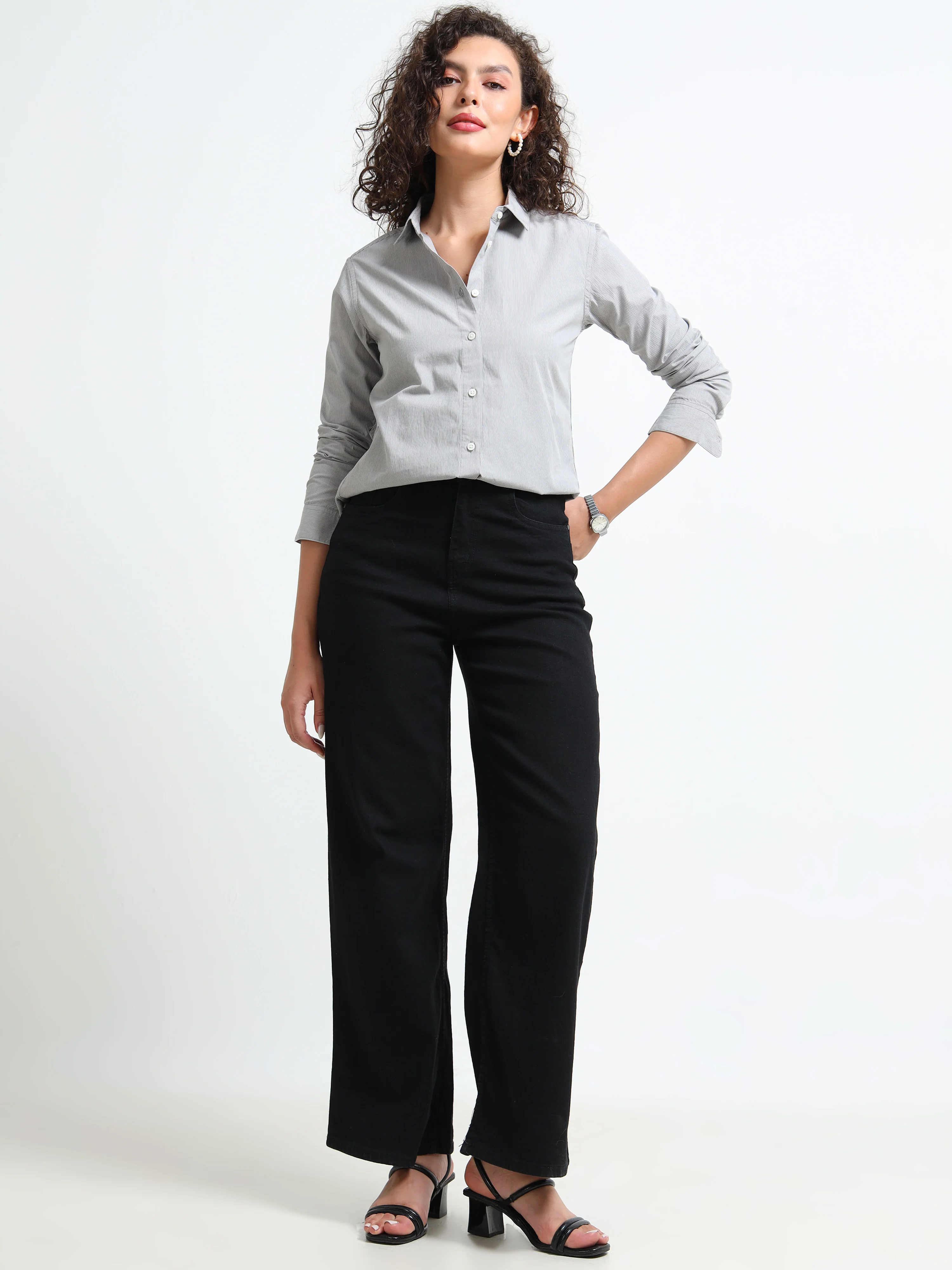 Women Grey Fine Stripe Shirt - Image 7