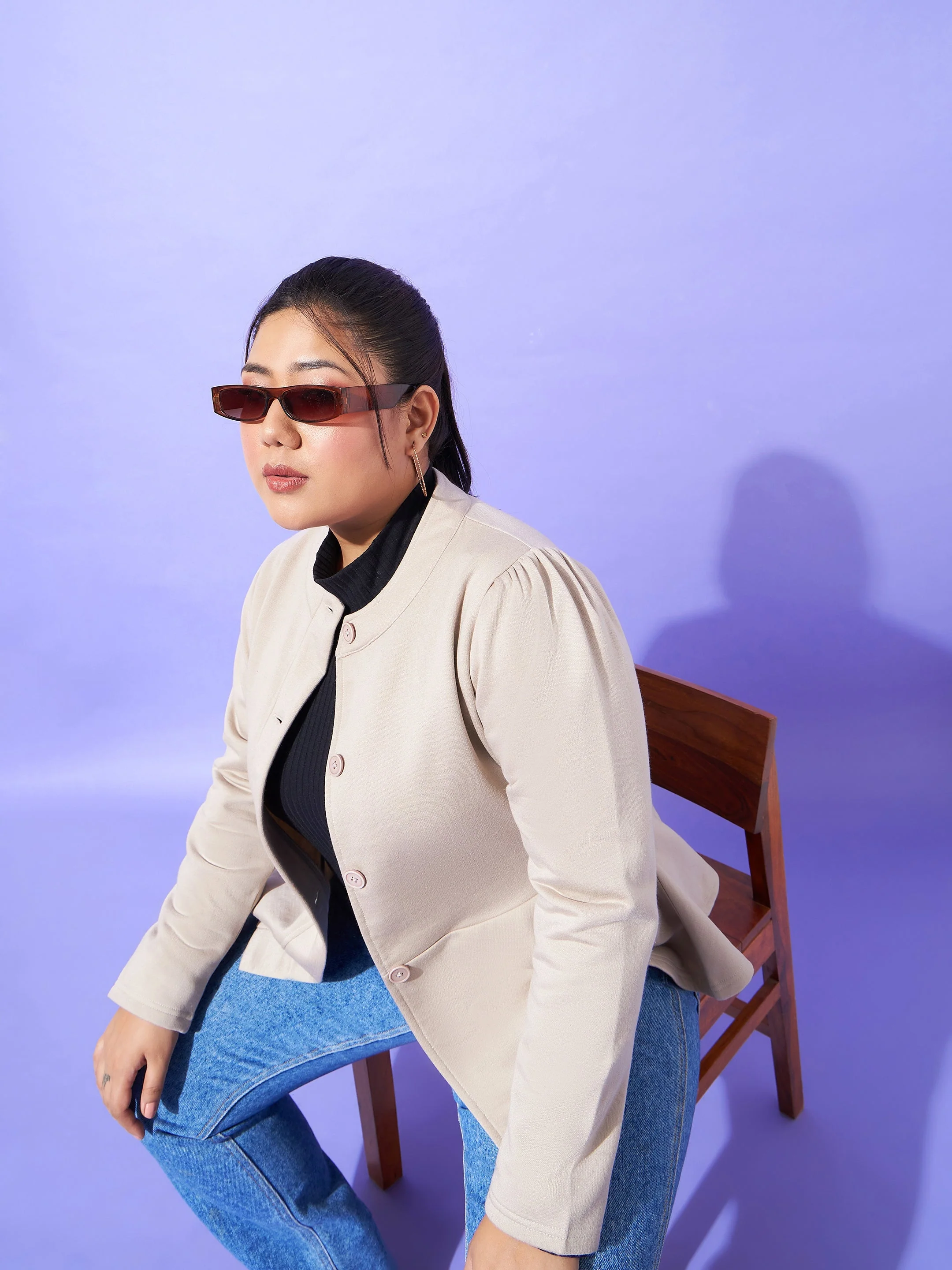 Women Grey Fleece Button Peplum Jacket - Image 2