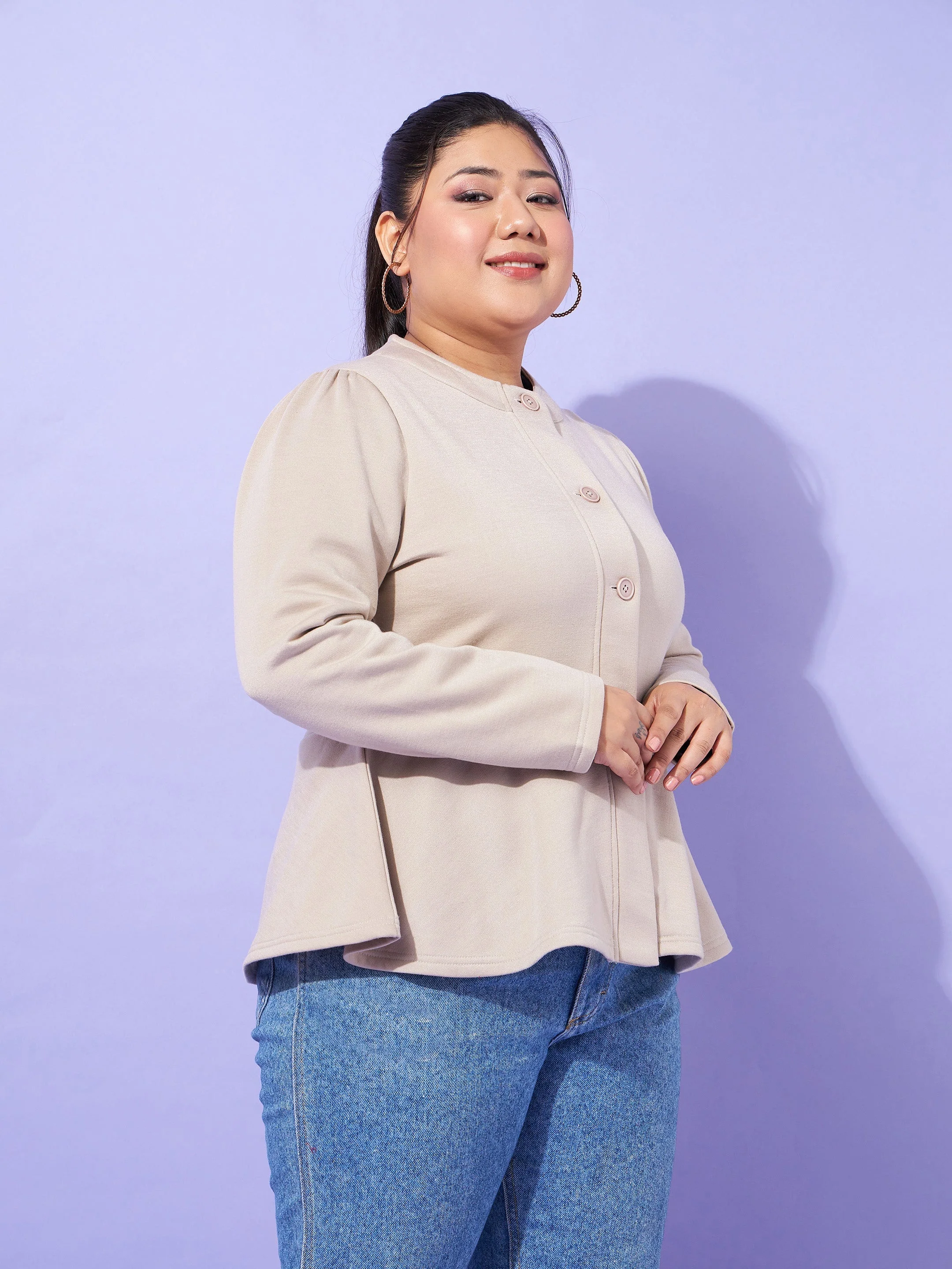 Women Grey Fleece Button Peplum Jacket - Image 3
