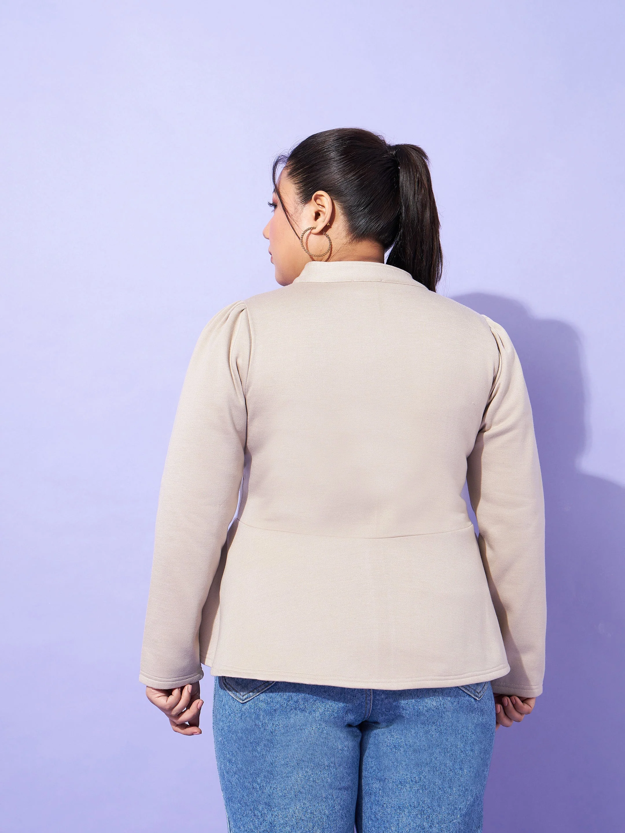 Women Grey Fleece Button Peplum Jacket - Image 5