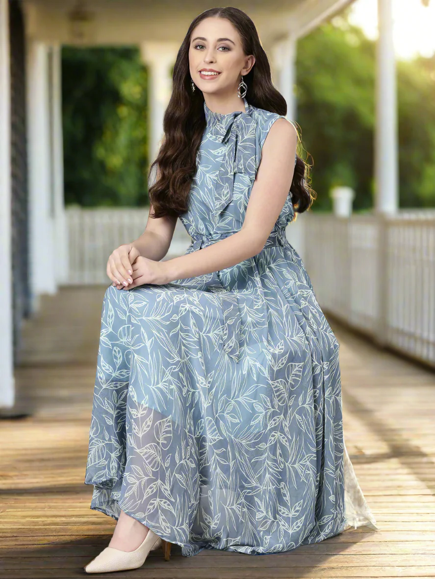 Women Grey Floral Chiffon Maxi Dress - Image 6