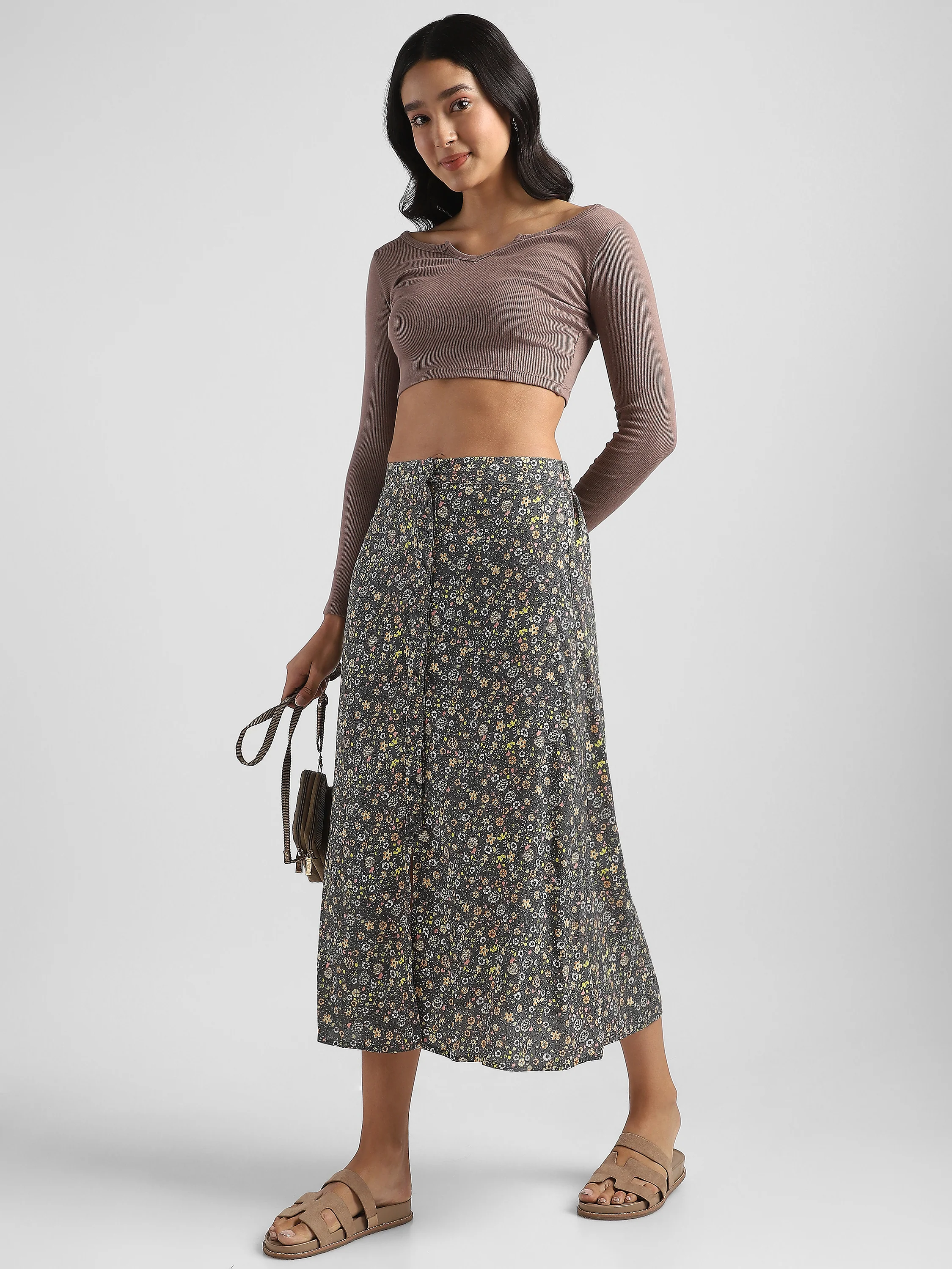Women Grey Floral Printed Straight Fit Skirt - Image 2
