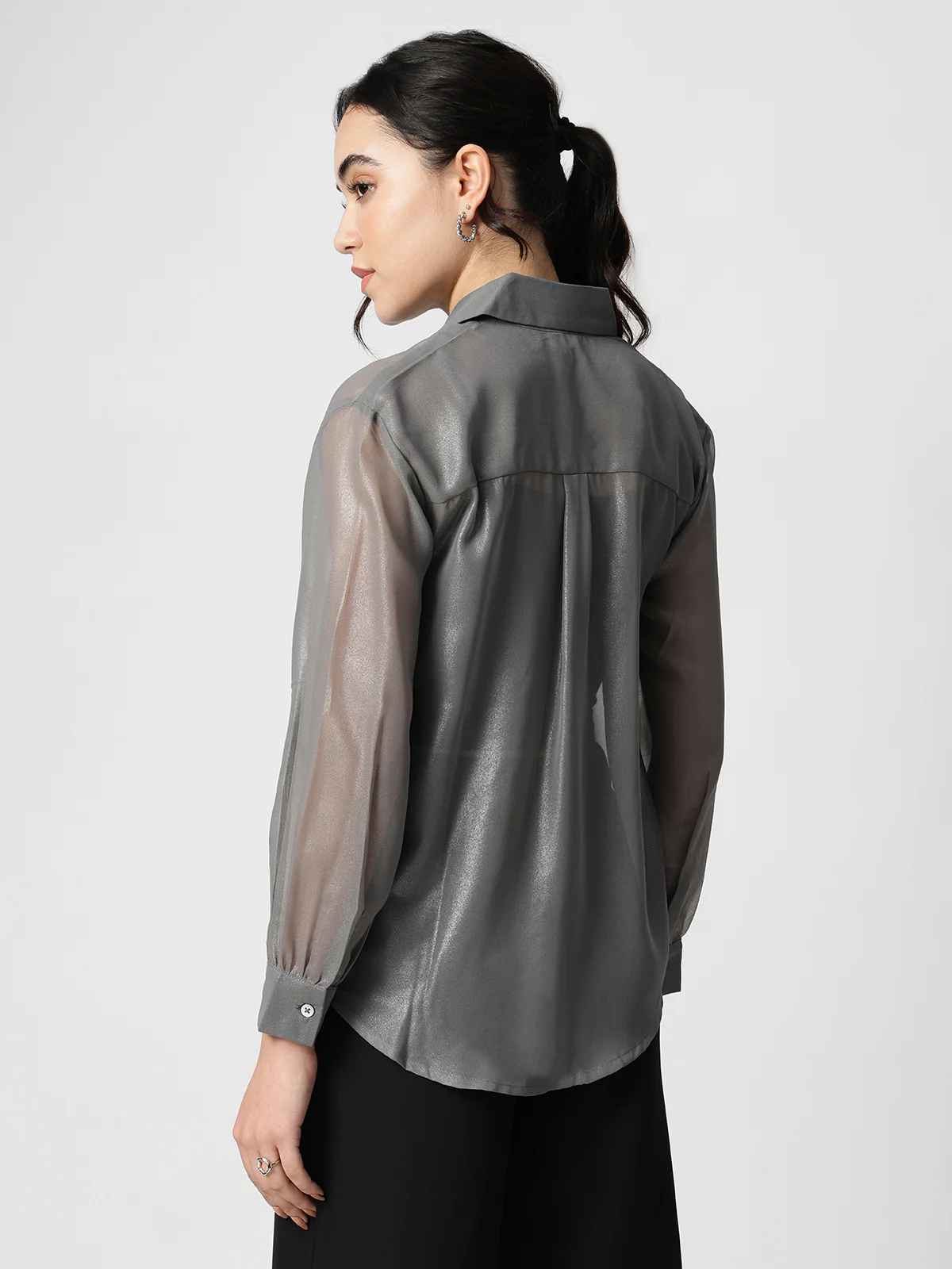 Women Grey Georgette Spread Collar Shirt - Image 2