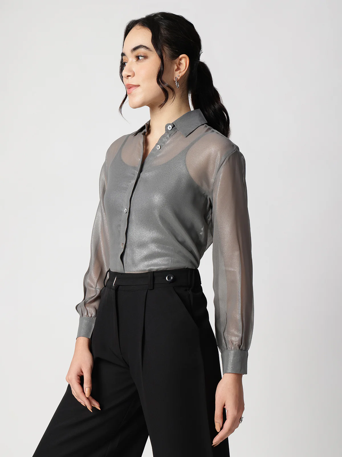 Women Grey Georgette Spread Collar Shirt - Image 3