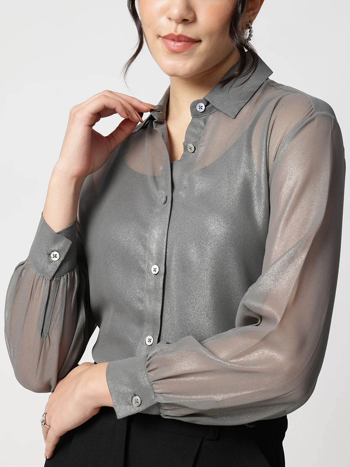 Women Grey Georgette Spread Collar Shirt - Image 4