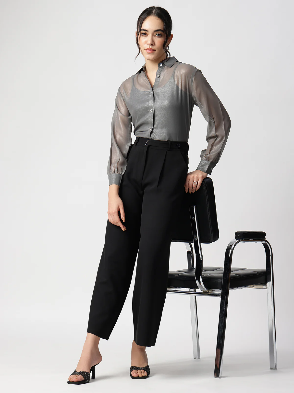Women Grey Georgette Spread Collar Shirt - Image 5