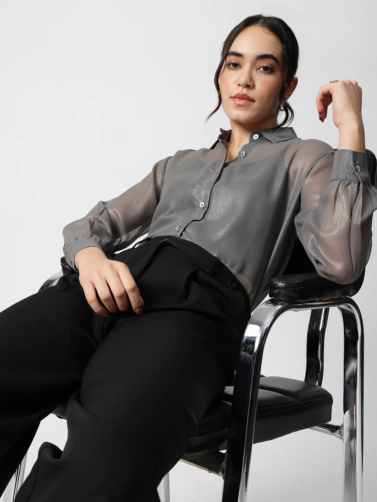 Women Grey Georgette Spread Collar Shirt - Image 6