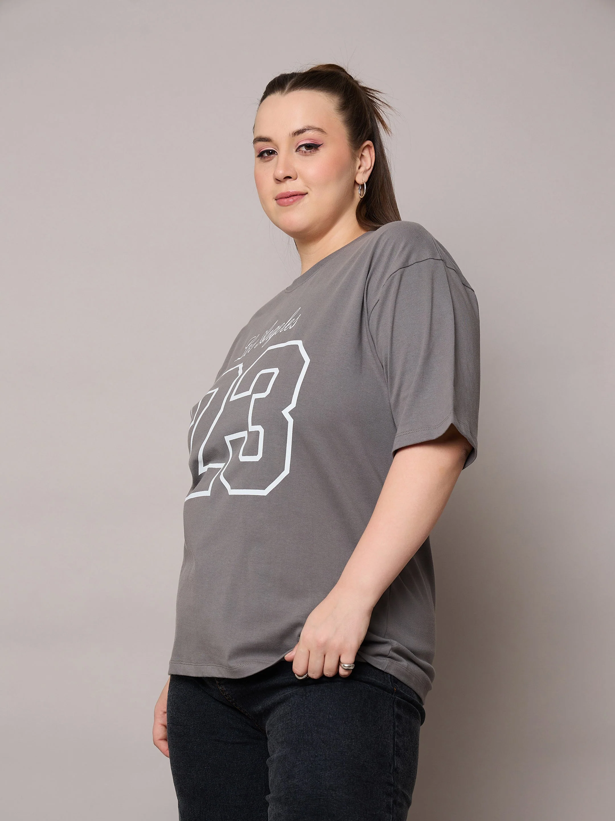 Women Grey Graphic LOS ANGELES 23 Print T-Shirt - Image 3