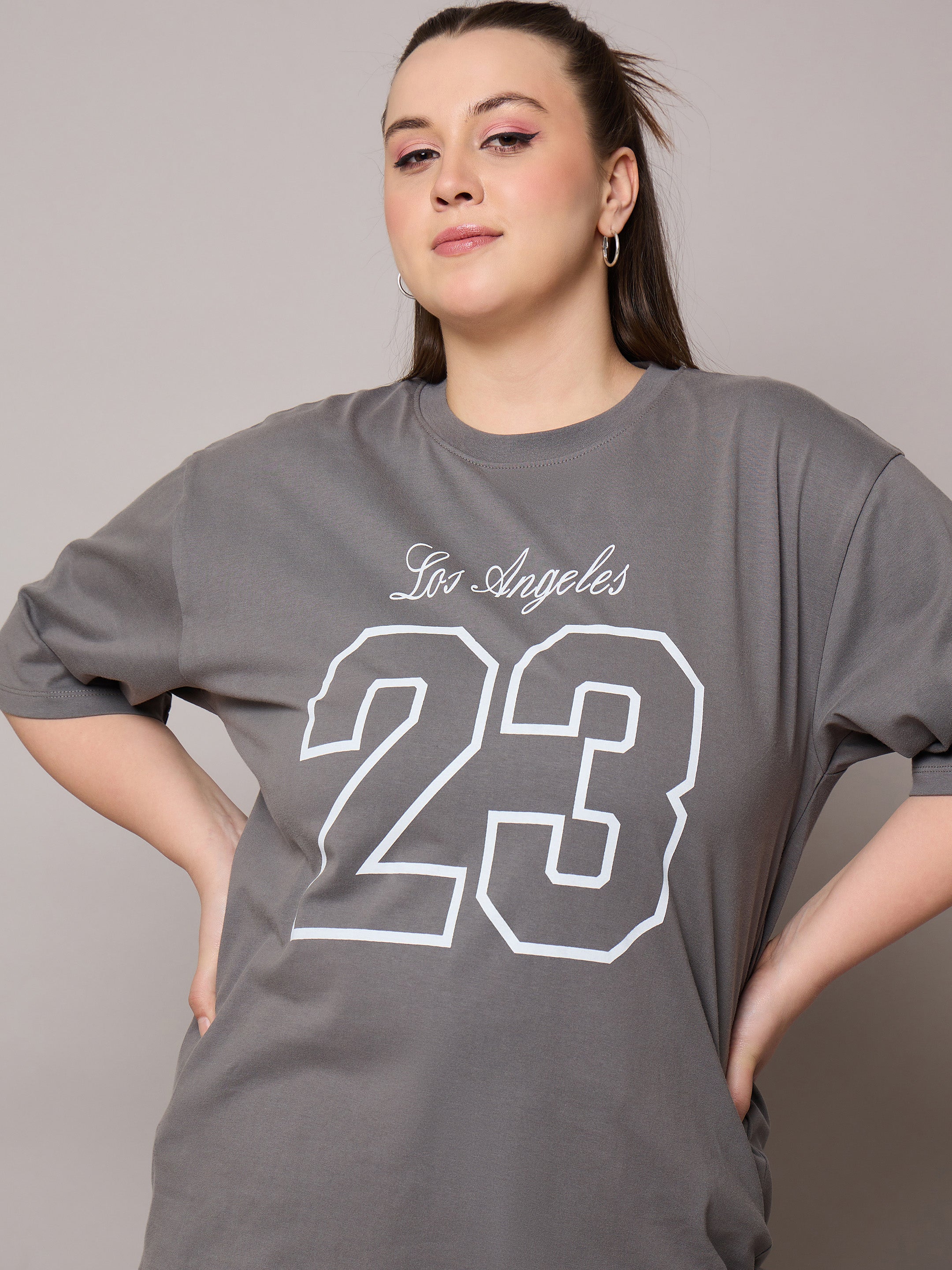 Women Grey Graphic LOS ANGELES 23 Print T-Shirt - Image 4