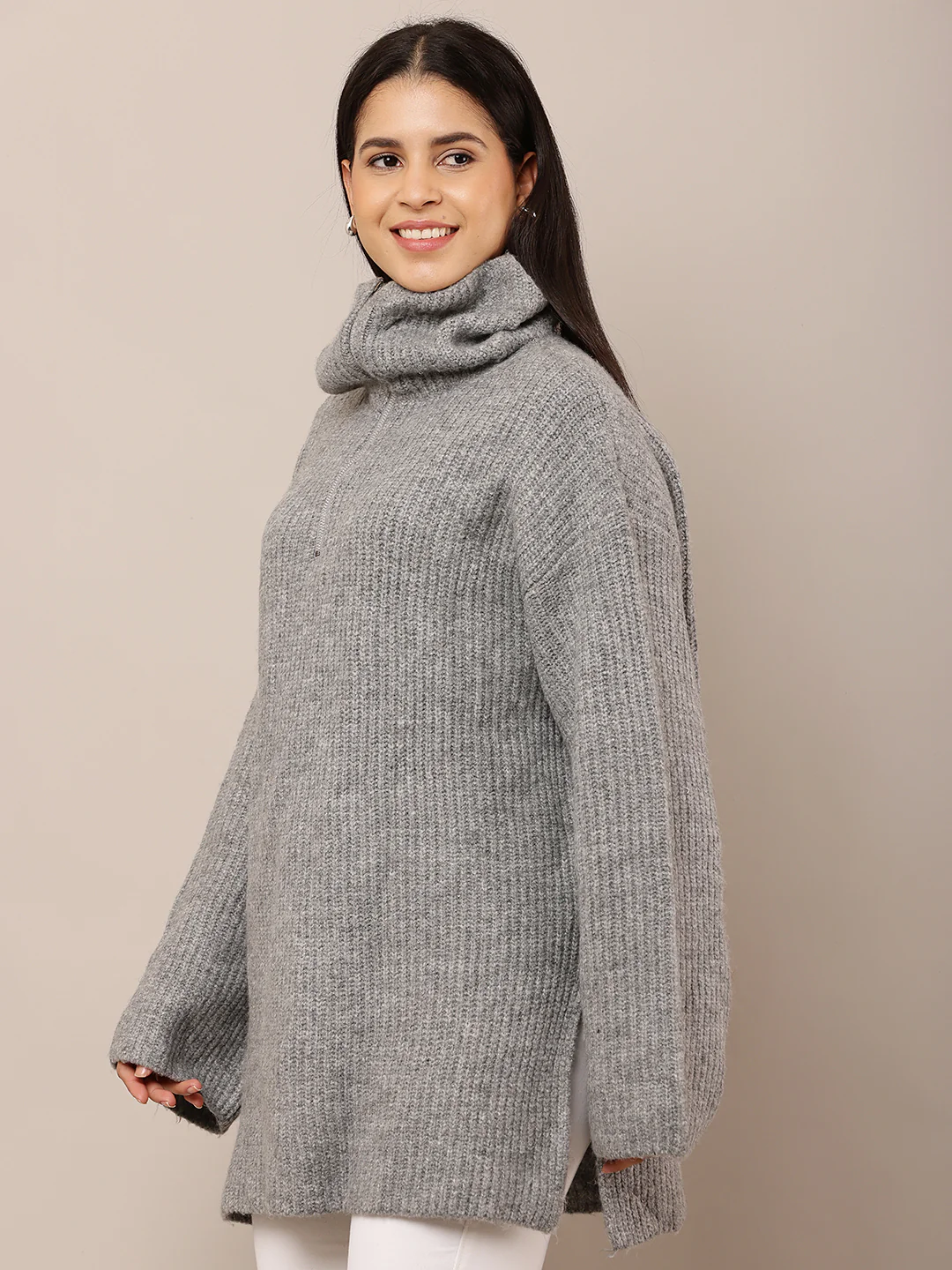 Women Grey High-Neck Full Sleeve Sweater - Image 2