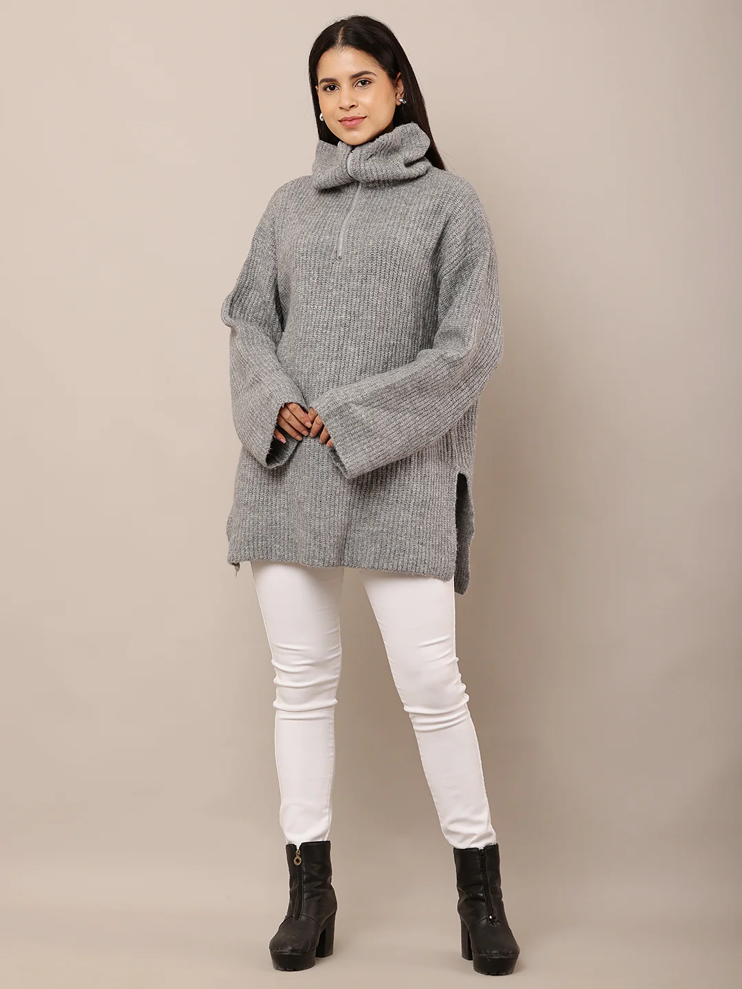 Women Grey High-Neck Full Sleeve Sweater - Image 3