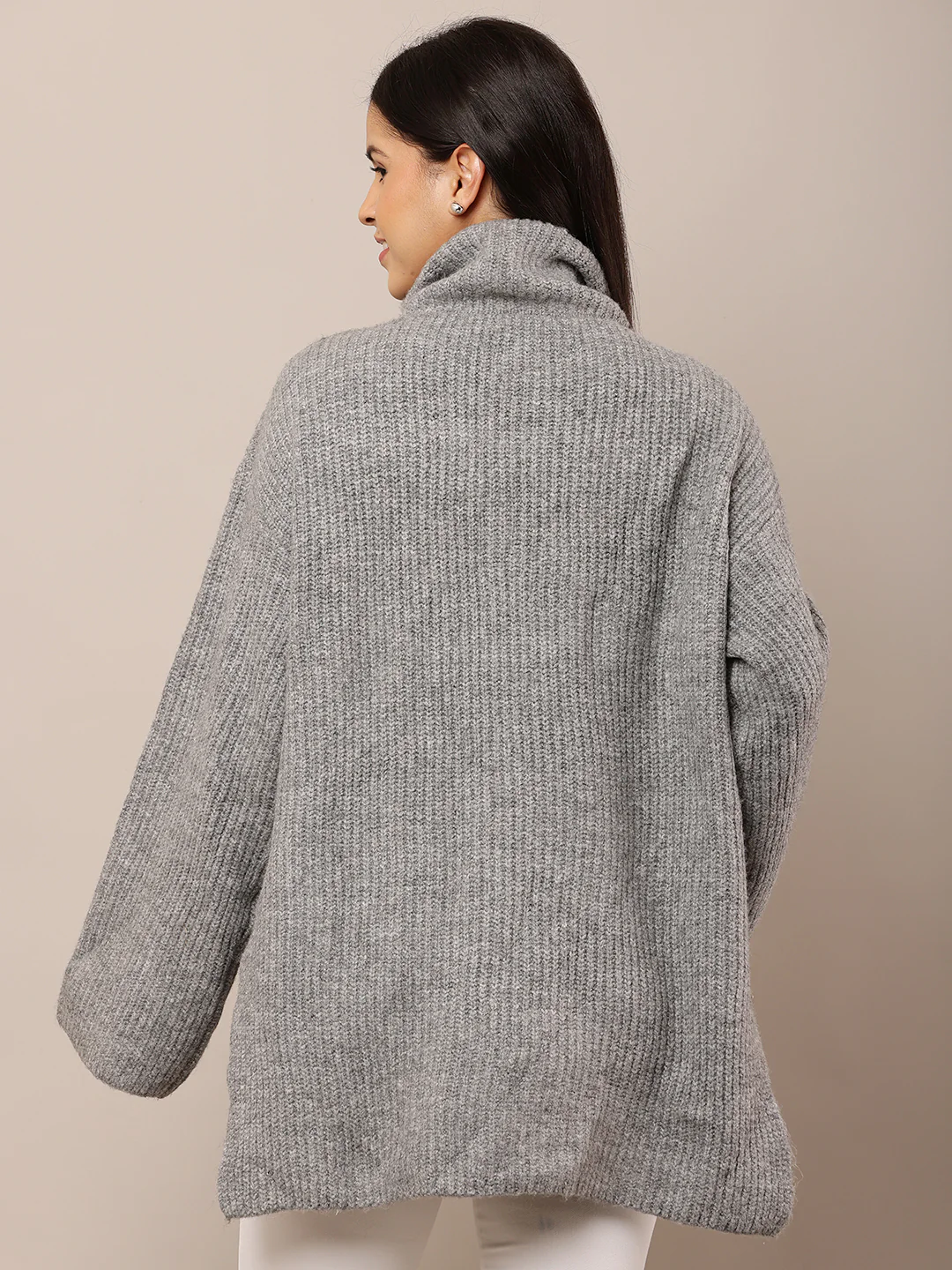 Women Grey High-Neck Full Sleeve Sweater - Image 4