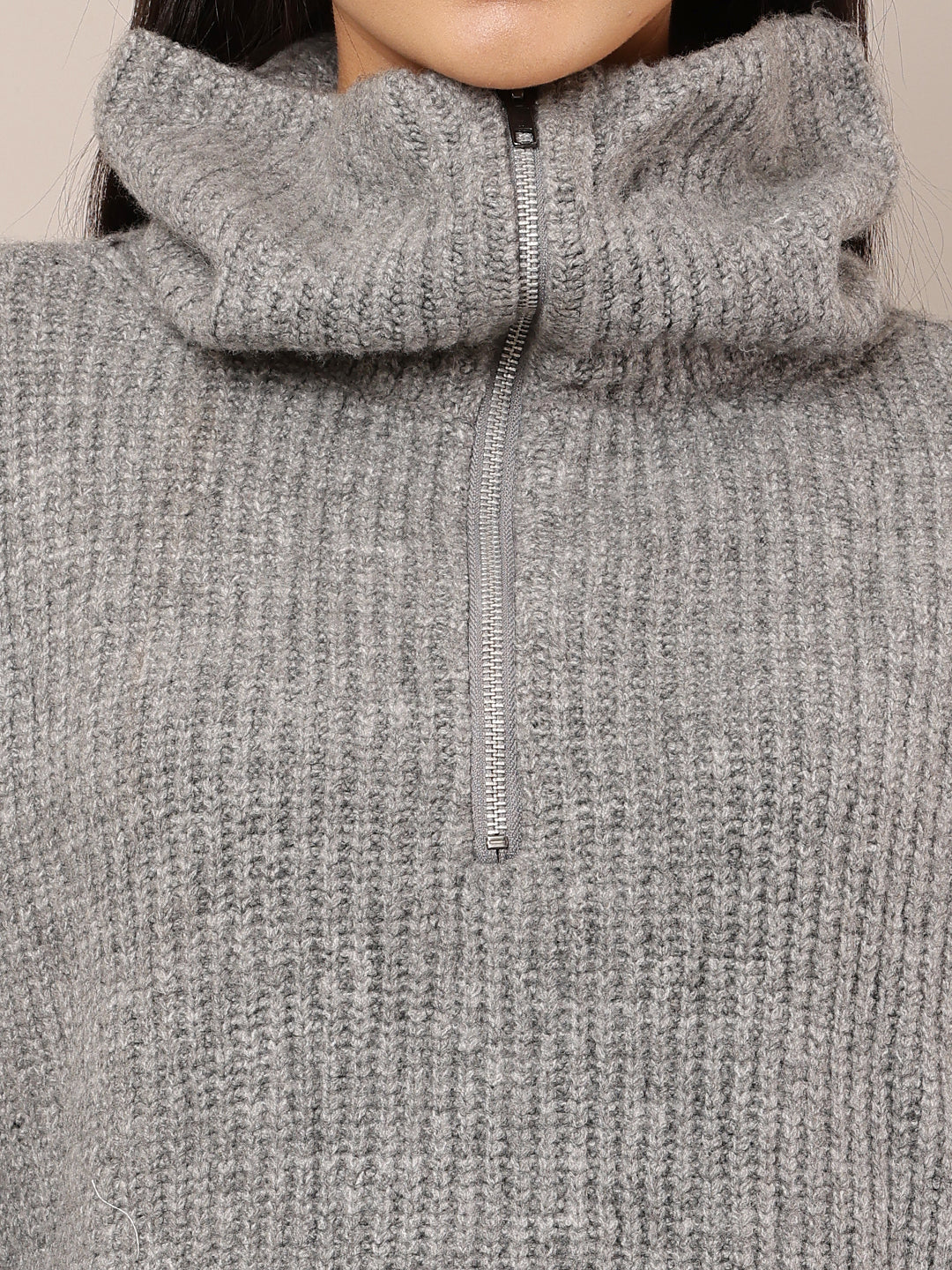 Women Grey High-Neck Full Sleeve Sweater - Image 5
