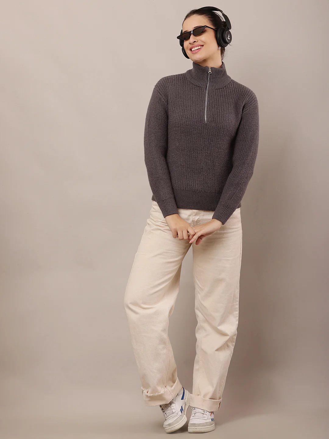 Women Grey High-Neck Zip Wool Sweater - Image 3