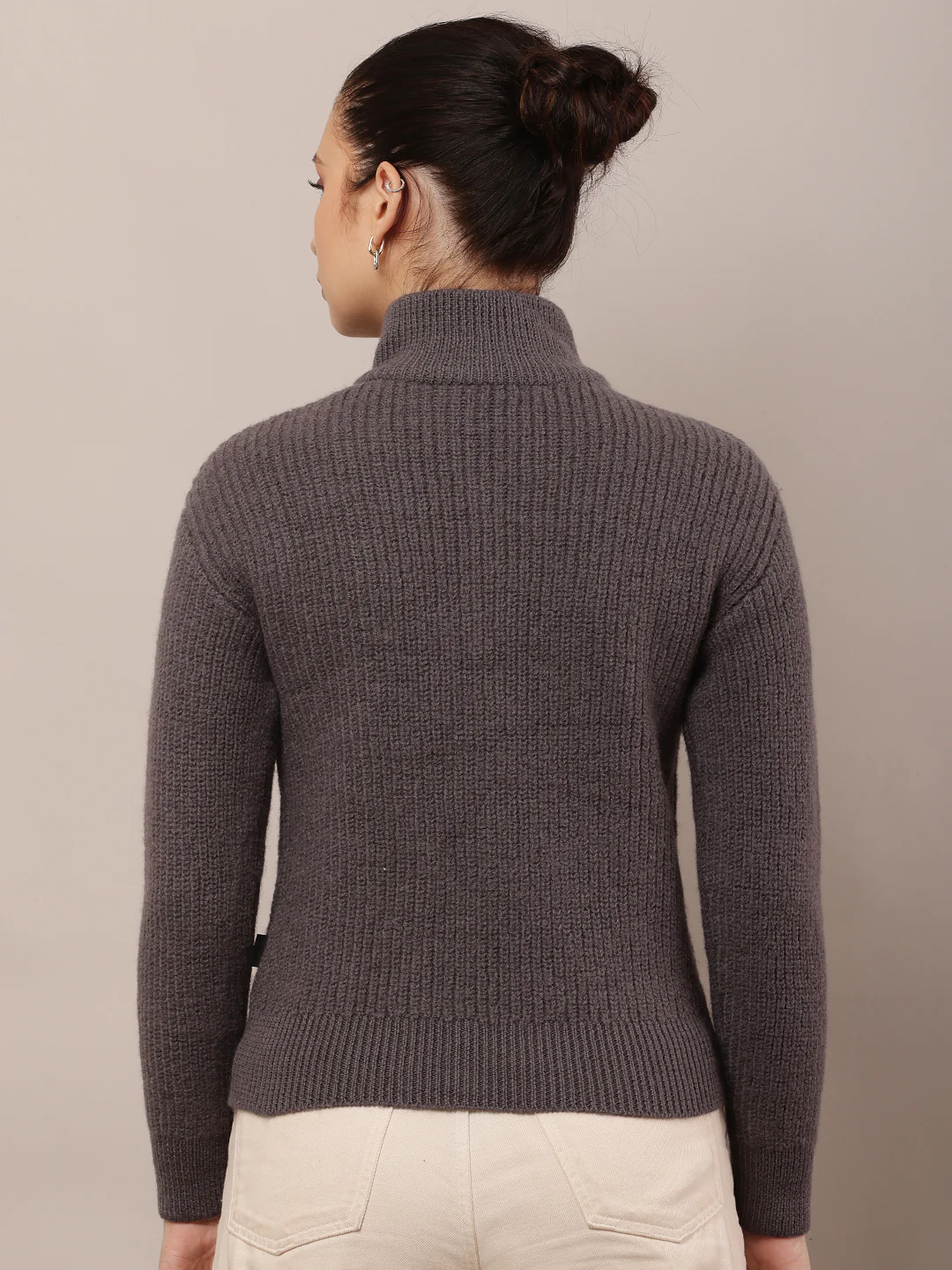 Women Grey High-Neck Zip Wool Sweater - Image 4