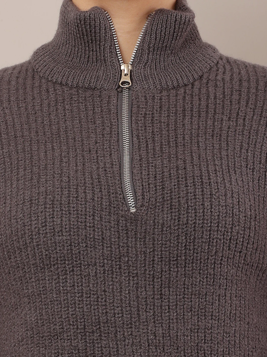 Women Grey High-Neck Zip Wool Sweater - Image 5