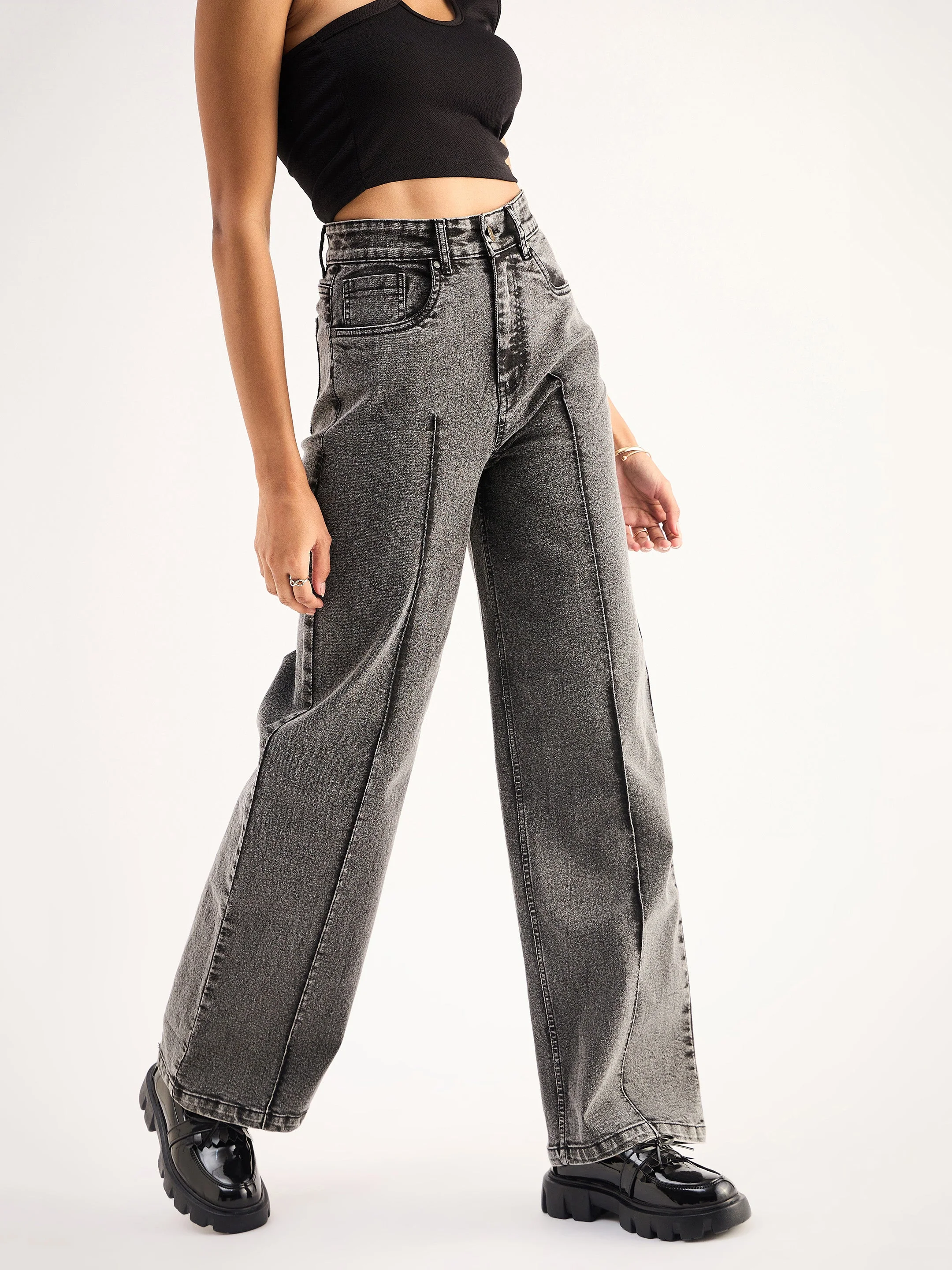 Women Grey High Waist Front Dart Straight Jeans - Image 3