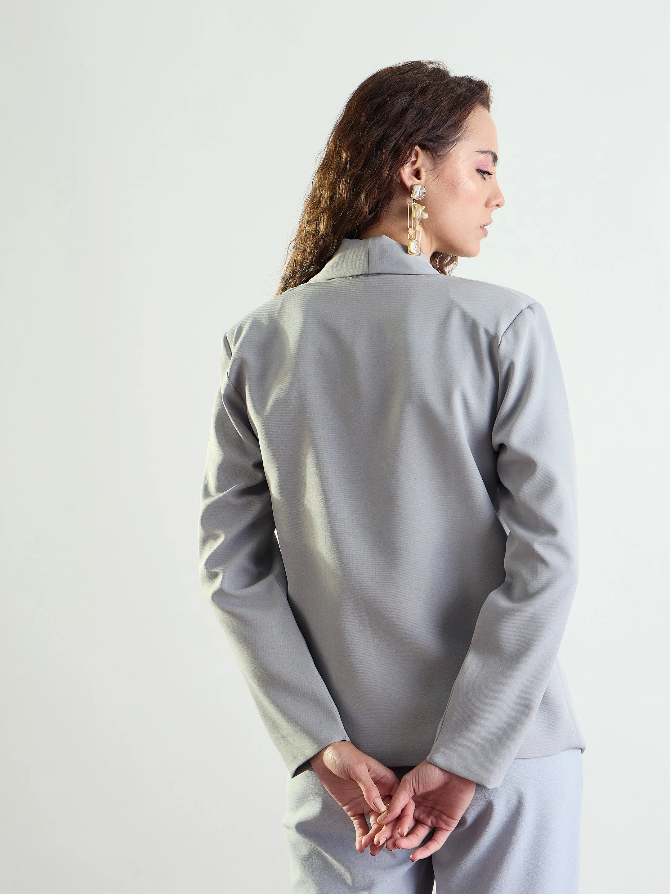 Women Grey Lapel Collar Front Open Blazer - Image 2